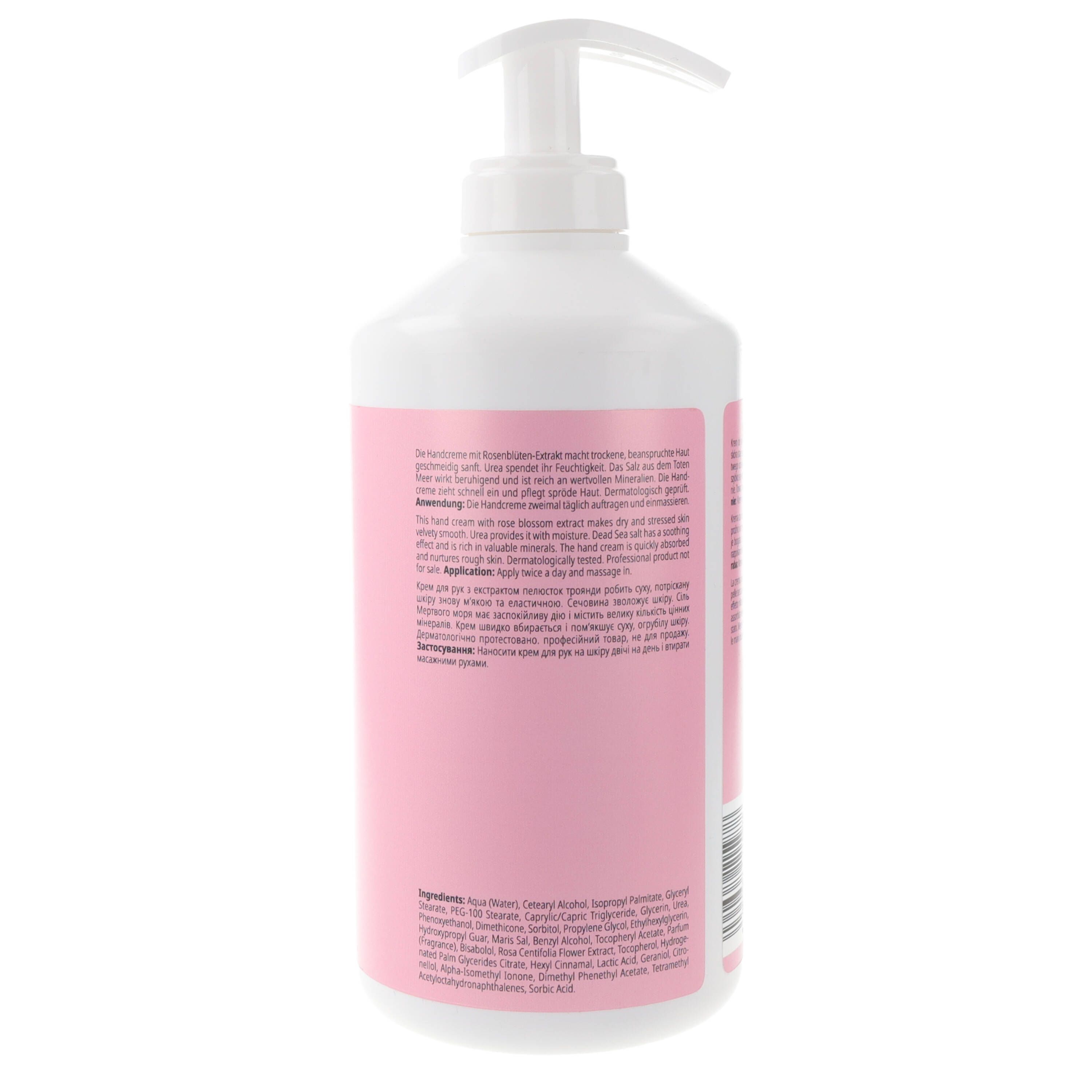 Weiße Flasche mit rosa Etikett und Pumpe. Rückansicht mit Text. Produktname nicht sichtbar.