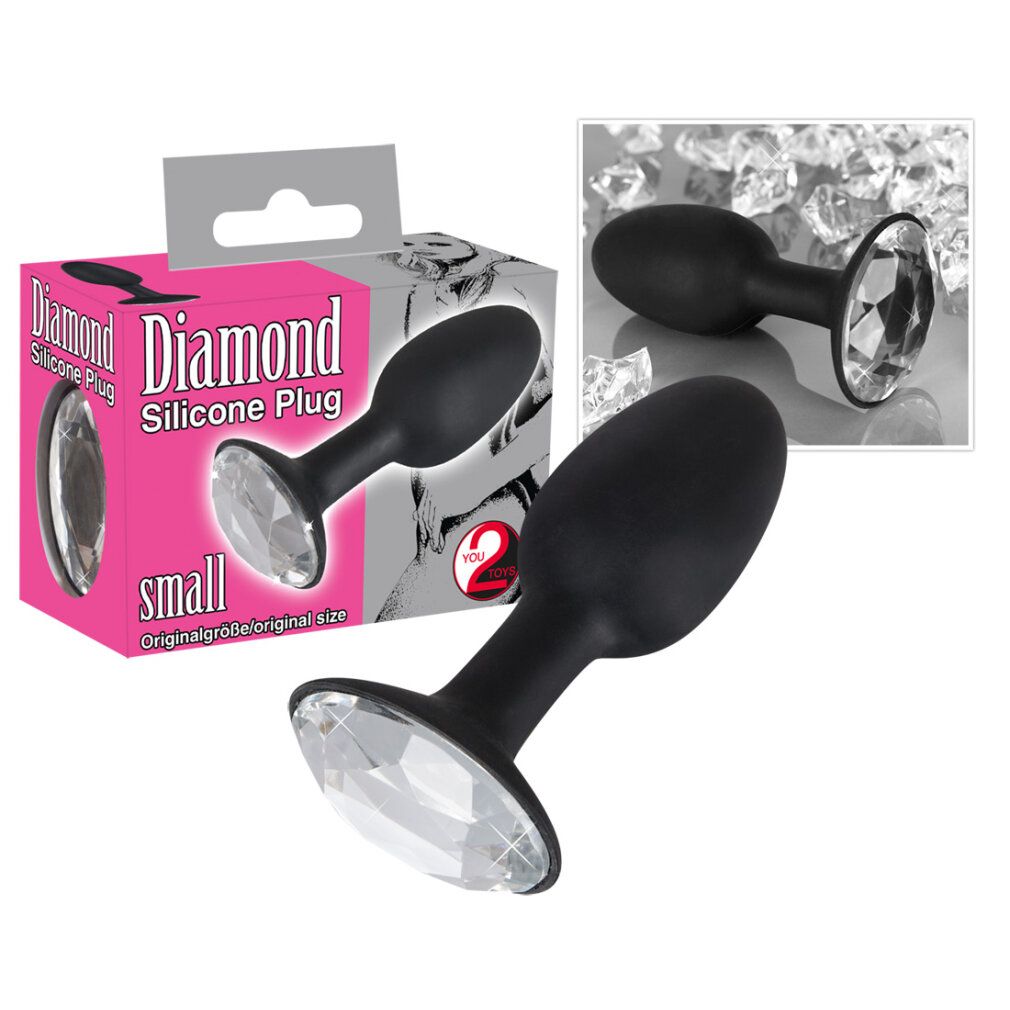 Butt Plug mit Diamant-Optik in Verpackung. Aufschrift: "Diamond Silicone Plug", "small". Marke: 2 TOYS. Zusätzliches Produkt im Bild.