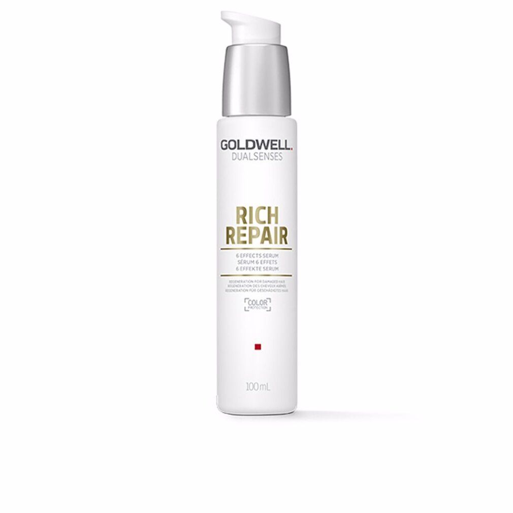 Goldwell Dualsenses Rich Repair Serum-Flasche. Weißes zylindrisches Behältnis mit silbernem Pumpkopf. Produktname und Text.