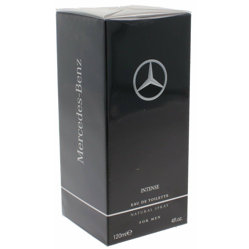 Schwarzer Karton mit Mercedes-Benz Logo und Schriftzug. Enthält 'Intense Eau de Toilette'. 120ml, 4 fl.oz.
