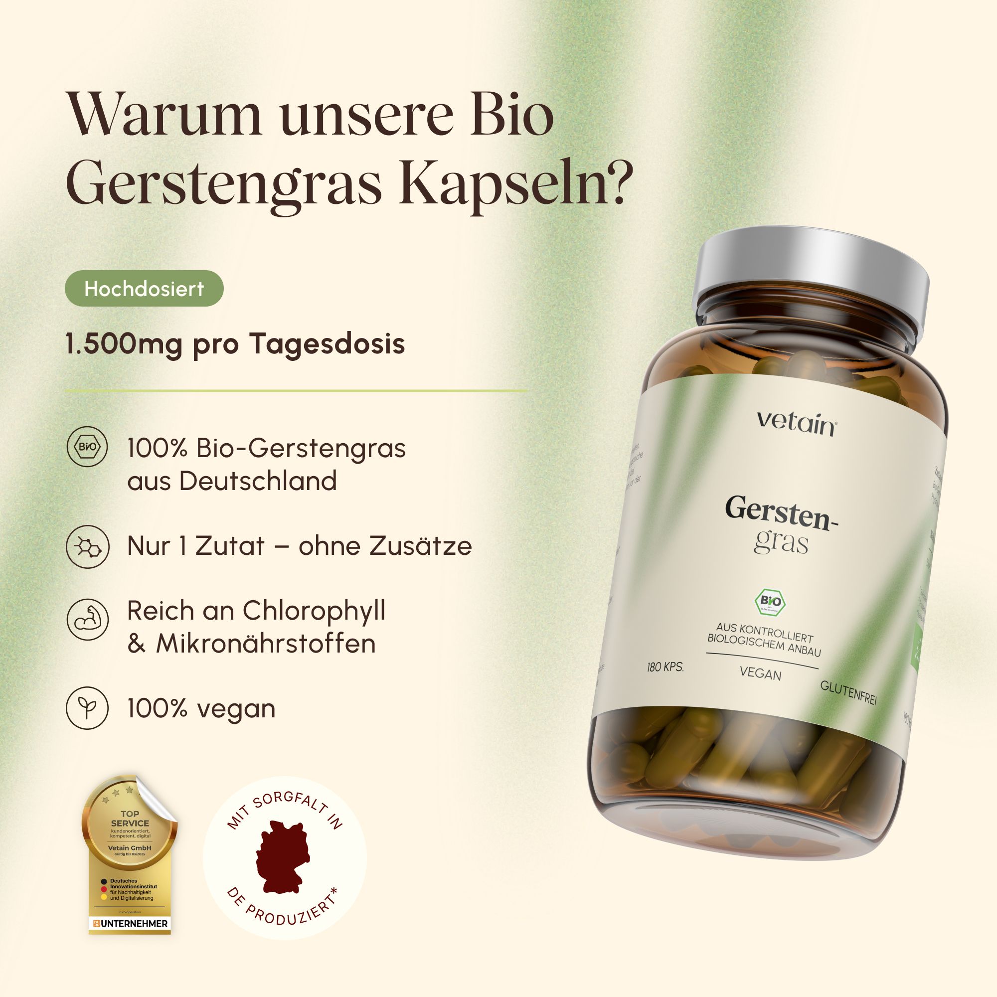 Vetain Gerstengras Kapseln: 1.500mg pro Tagesdosis, 100% Bio-Gerstengras aus Deutschland, vegan, glutenfrei.