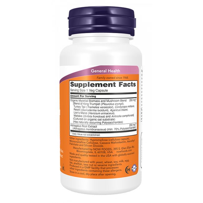 Weiße Flasche mit lila Deckel. Etikett mit Produktinformationen und Inhaltsstoffen. "Supplement Facts" und "NOW FOODS" sichtbar.