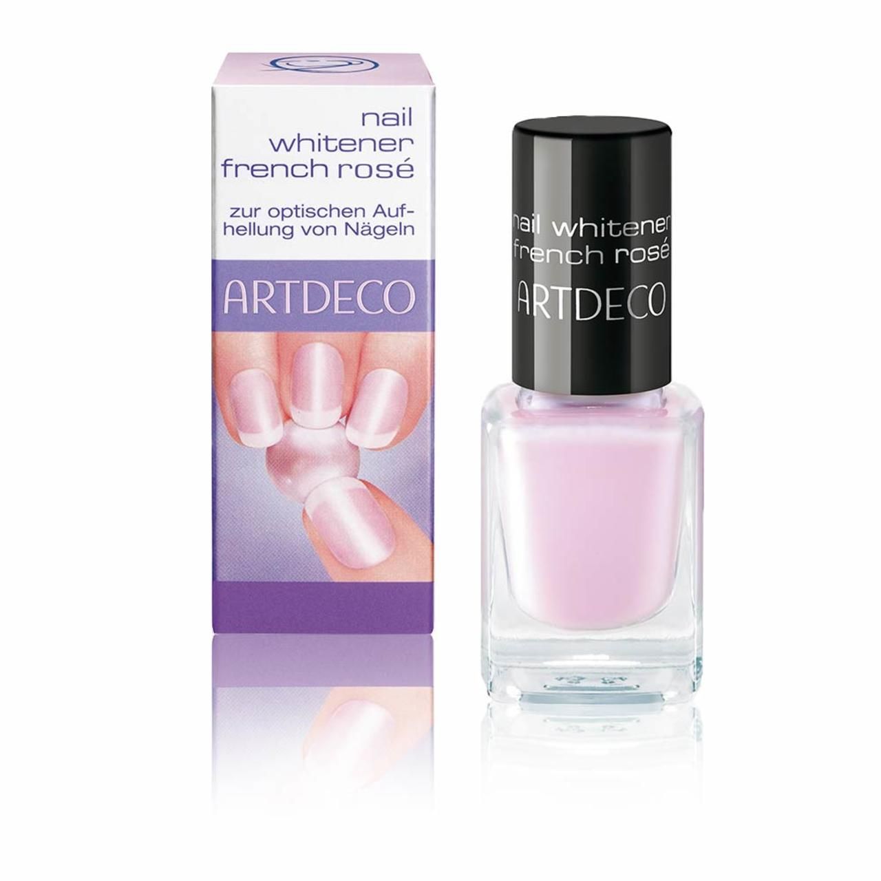 Artdeco Nail Whitener French Rosé. Flasche und Verpackung. Rosa Nagellack in quadratischer Flasche mit schwarzem Deckel. Verpackung mit Produktbild.