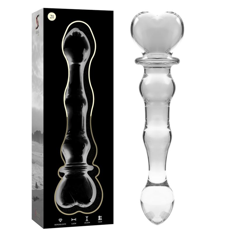 Klares Glasdildo mit Herzspitze und geschwungenem Griff. Verpackung mit Produktabbildung und Maßen.