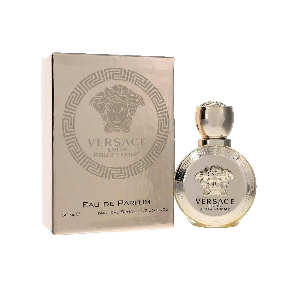 Versace Eros Pour Femme Parfum. Goldfarbene Flasche und Verpackung. Aufschrift: Versace Eros Pour Femme, Eau de Parfum, Natural Spray.