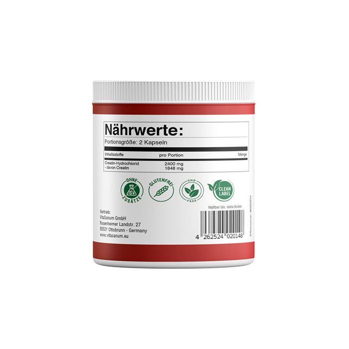 Rückseite der Dose. Nährwertangaben, 2 Kapseln pro Portion. Logos: vegan, glutenfrei, Clean Label. Barcode.