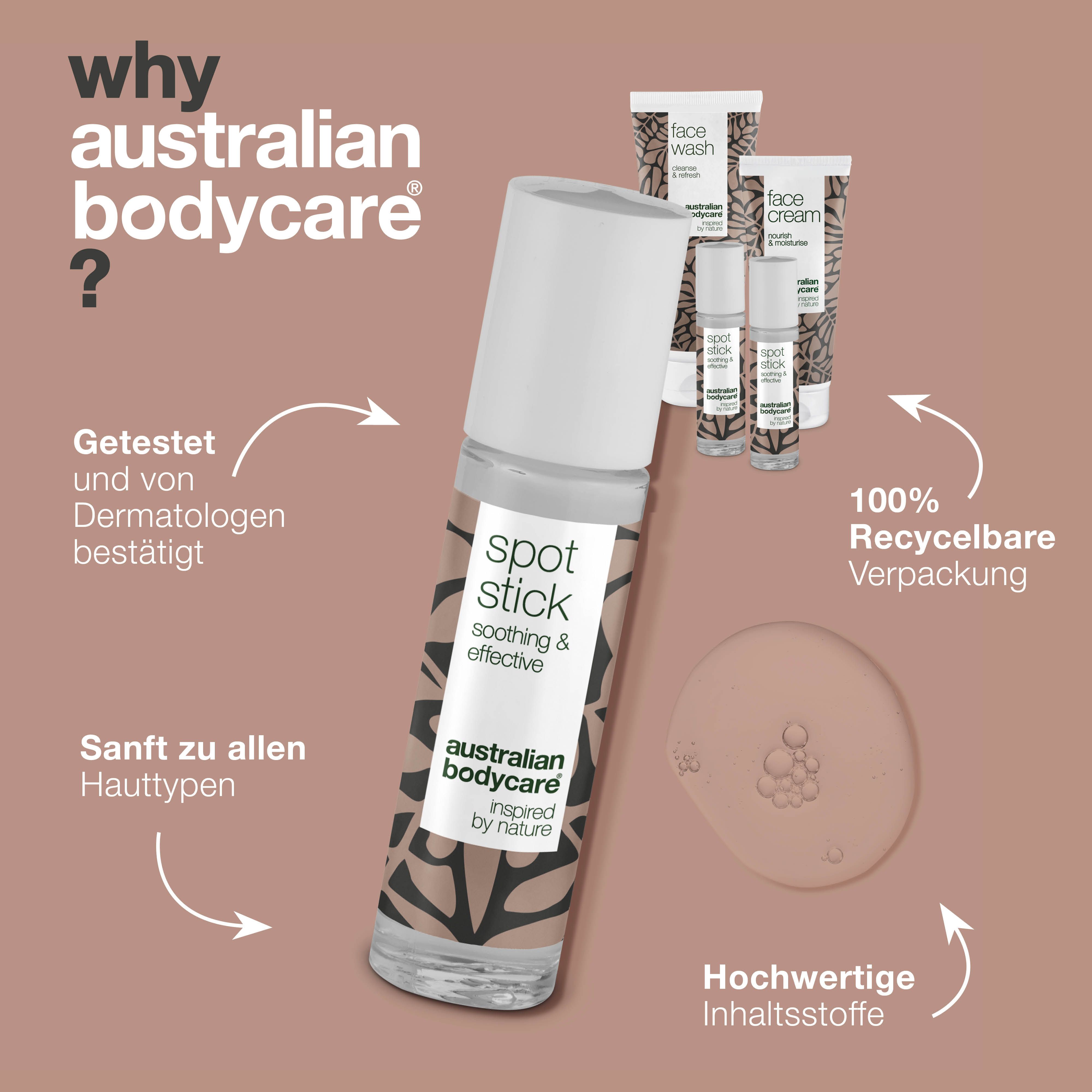 Spot Stick-Fläschchen. Text: Warum Australian Bodycare? Informationen zu den Inhaltsstoffen.