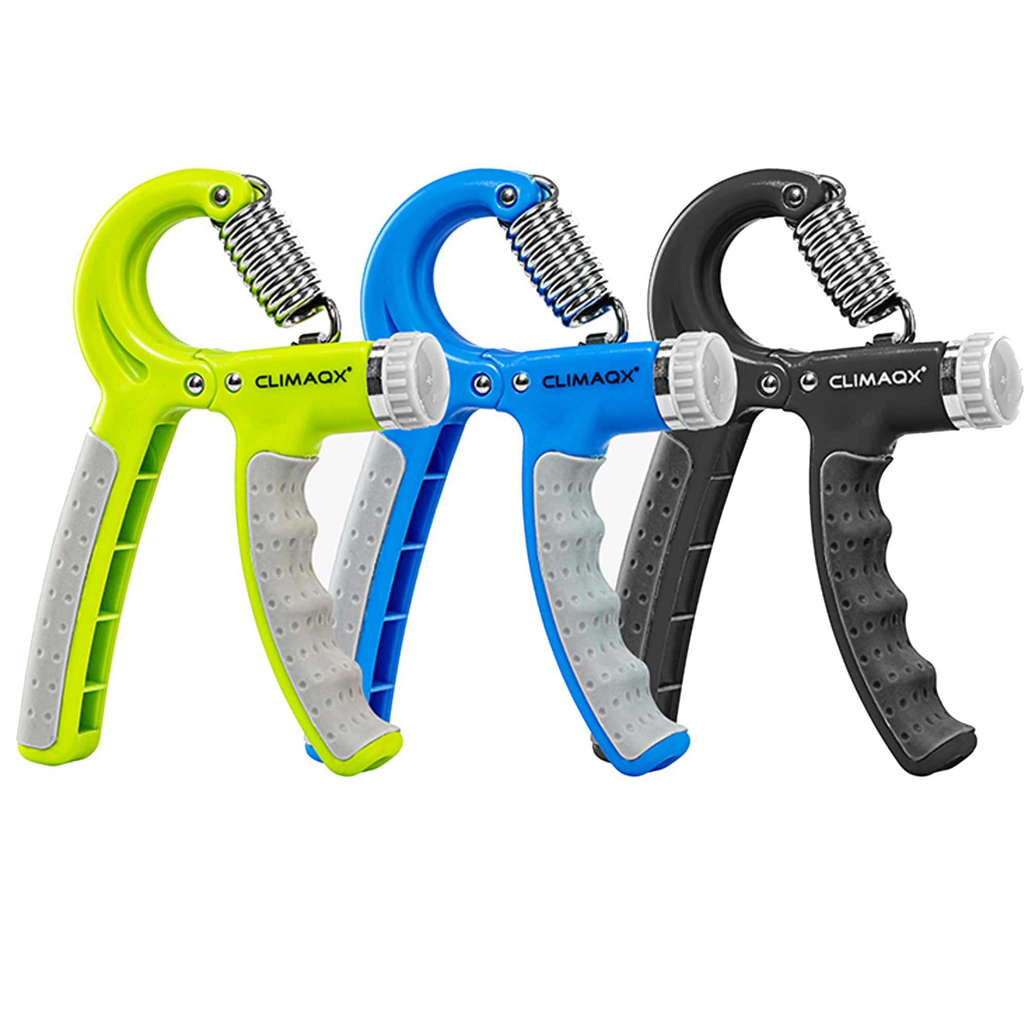 Drei Unterarmtrainer in Grün, Blau und Schwarz. Graue Griffe, Metallfedern. CLIMAQX-Logo auf jedem Gerät.