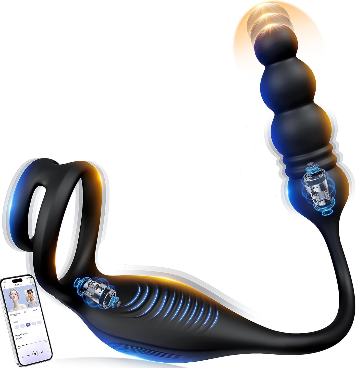 Schwarzer Stimulator mit App-Steuerung und Vibrationsmotoren. Zeigt App-Interface.