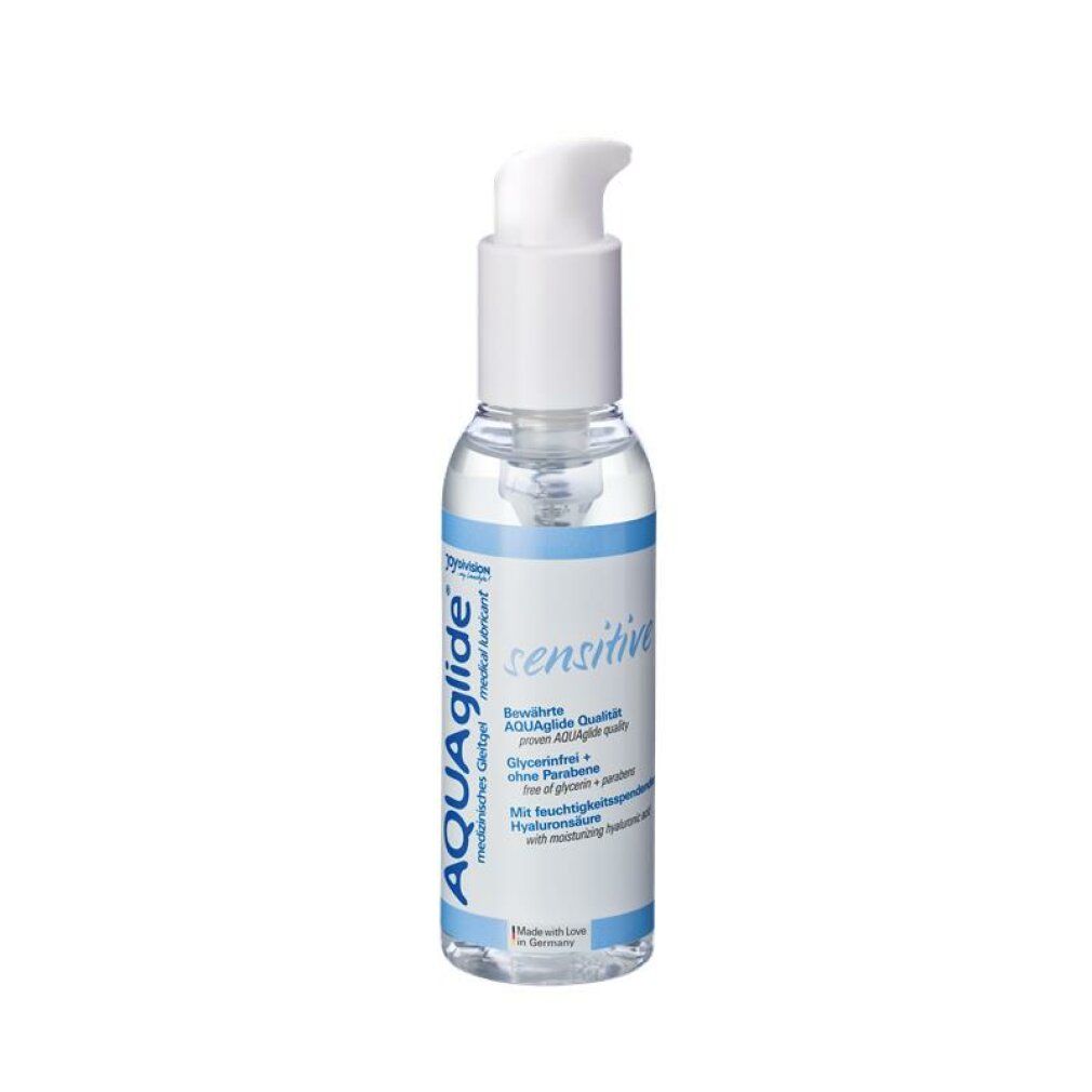 Klare Flasche mit weißem Pumpkopf. Aufschrift AQUAglide Sensitive. Blaue Banderole mit Text.