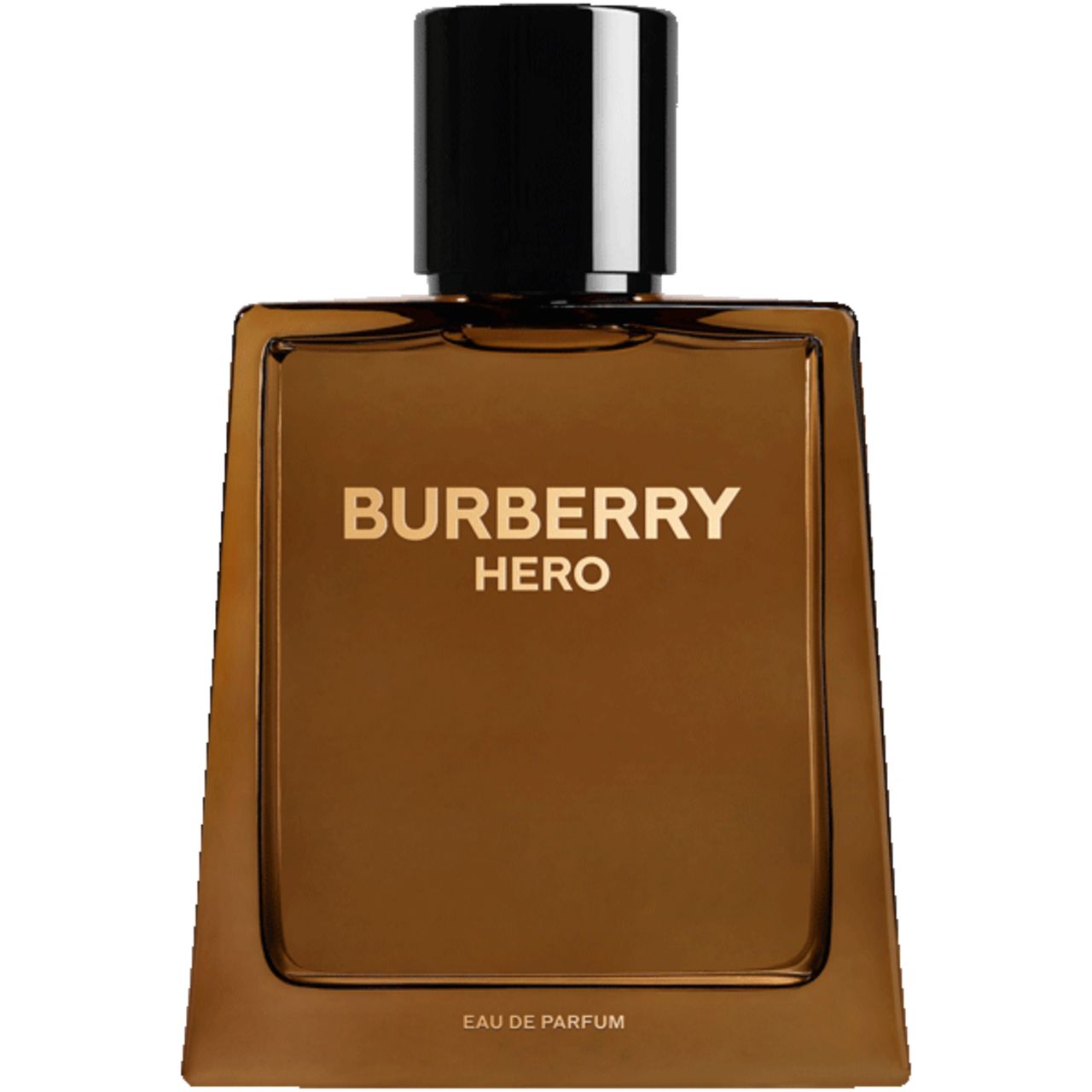 Burberry Hero E.d.P. Nat. Spray. Eckiger Flakon, braun, schwarzer Deckel. Goldener Schriftzug. Eau de Parfum.