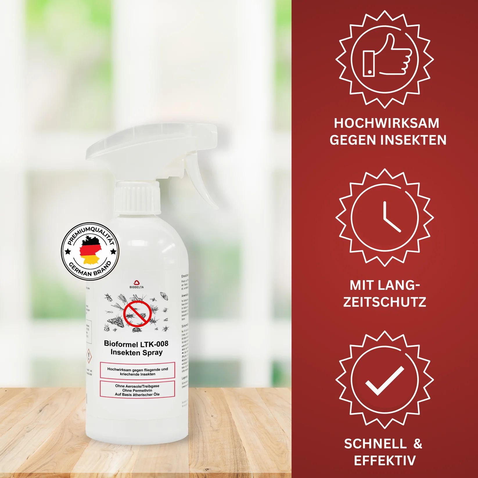 Weißes Sprayflasche mit Sprühkopf. Aufschrift: Bioformel LTK-008 Insekten Spray. Mit deutschem Qualitätszeichen.