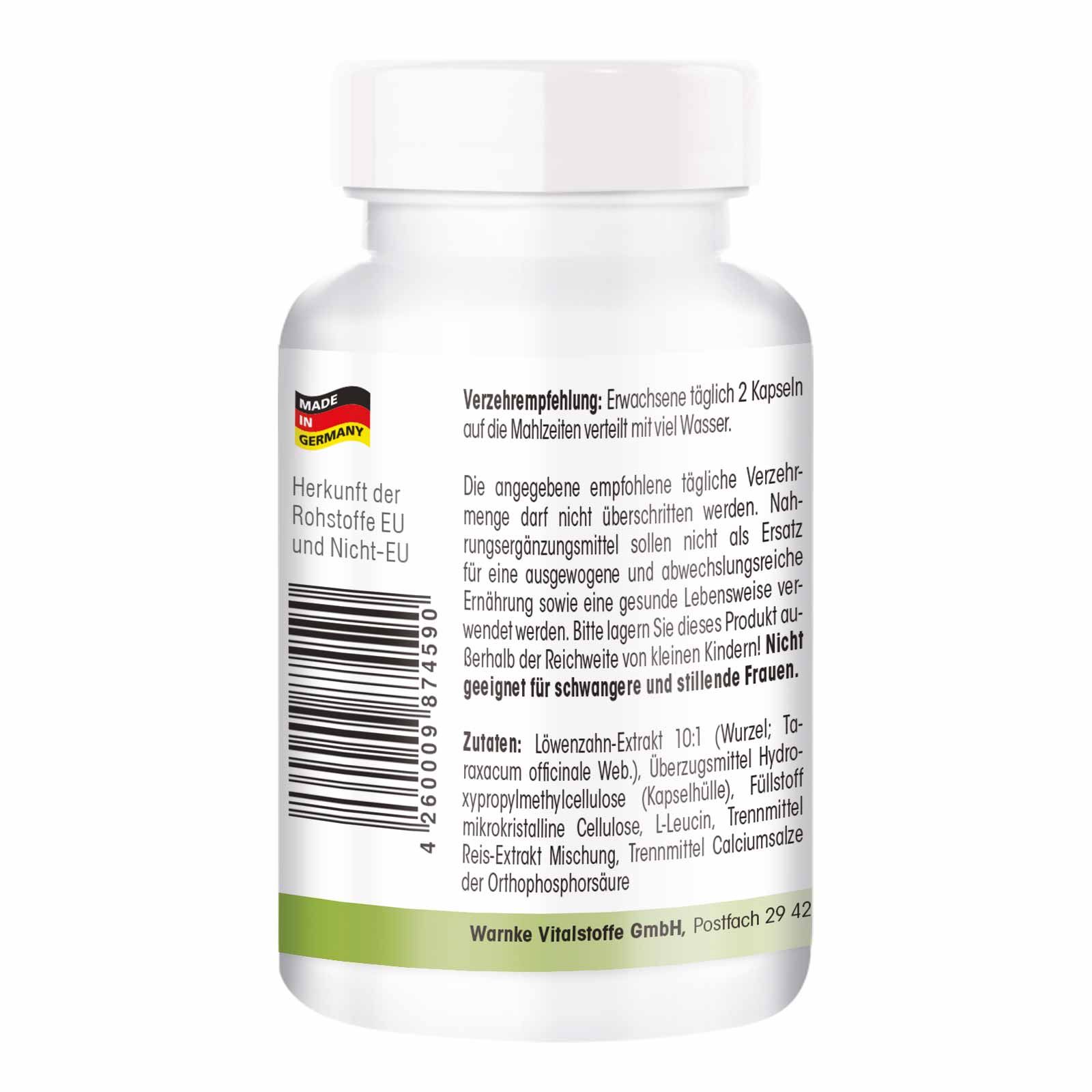 Rückseite der Flasche. Text: Verzehrempfehlung. Zutaten. Herkunft EU. Barcode. Warnke Vitalstoffe GmbH.