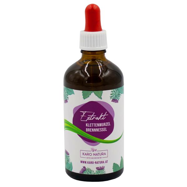 Braune Glasflasche mit roter Pipette. Etikett mit Produktnamen und Logo.