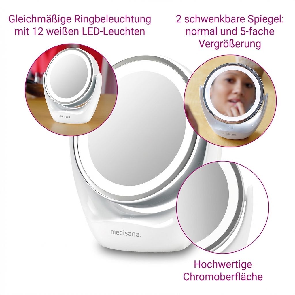 Kosmetikspiegel mit LED-Beleuchtung, 5-facher Vergrößerung und Chromoberfläche.