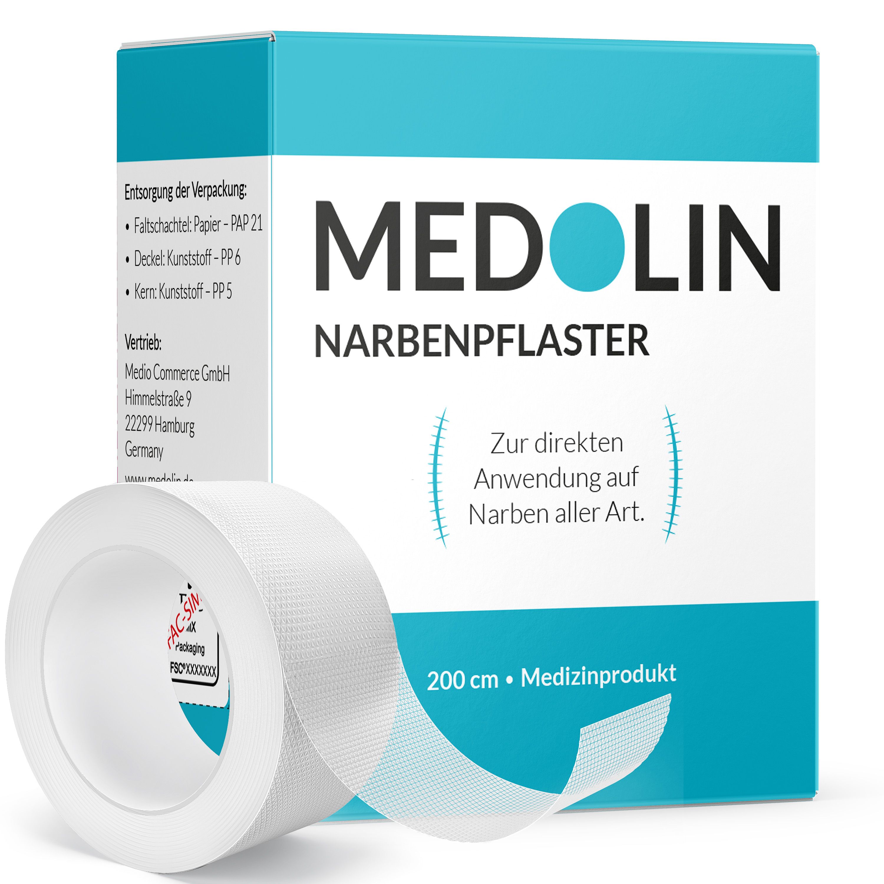 Medolin Narbenpflaster Rolle und Verpackung. "200 cm Medizinprodukt" ist auf der Verpackung zu lesen.