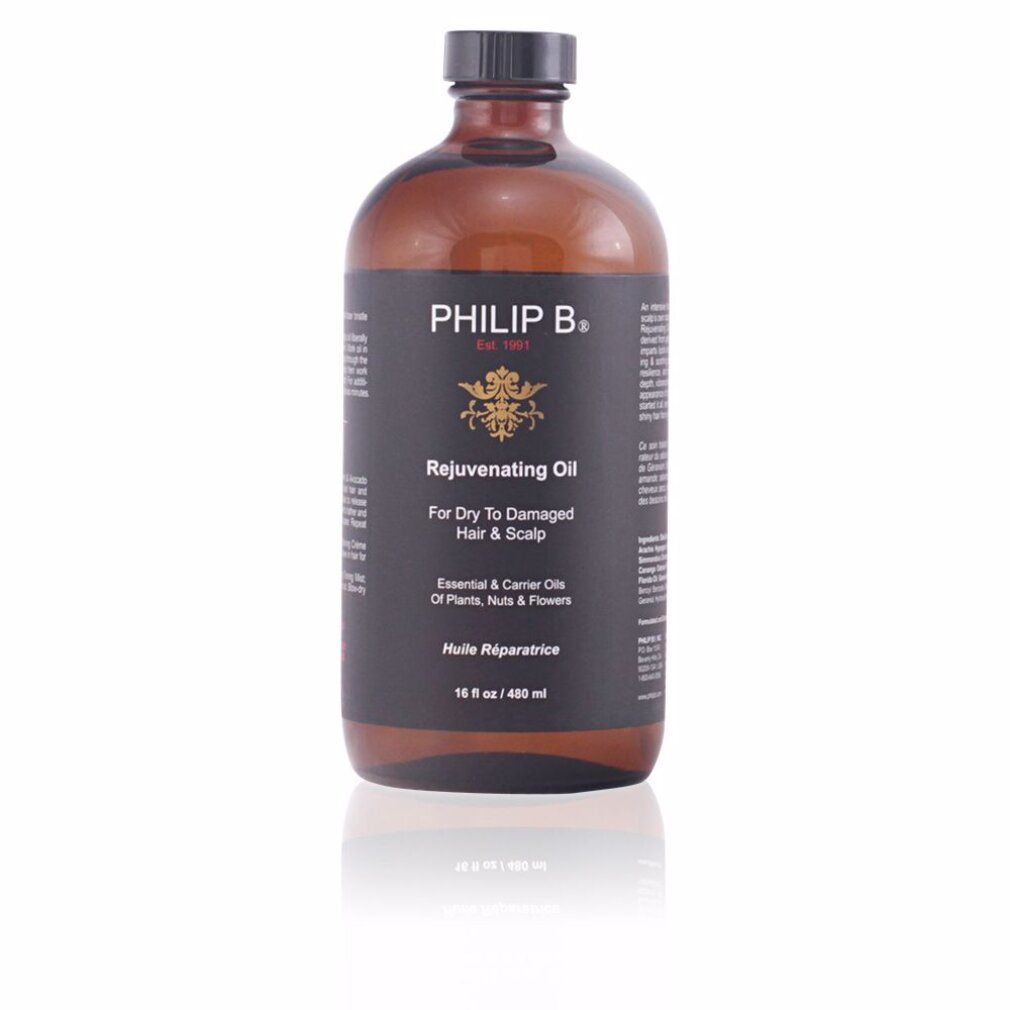 Bernsteinfarbene Glasflasche mit schwarzem Etikett und schwarzem Verschluss. Enthält Rejuvenating Oil für trockenes, geschädigtes Haar & Kopfhaut.