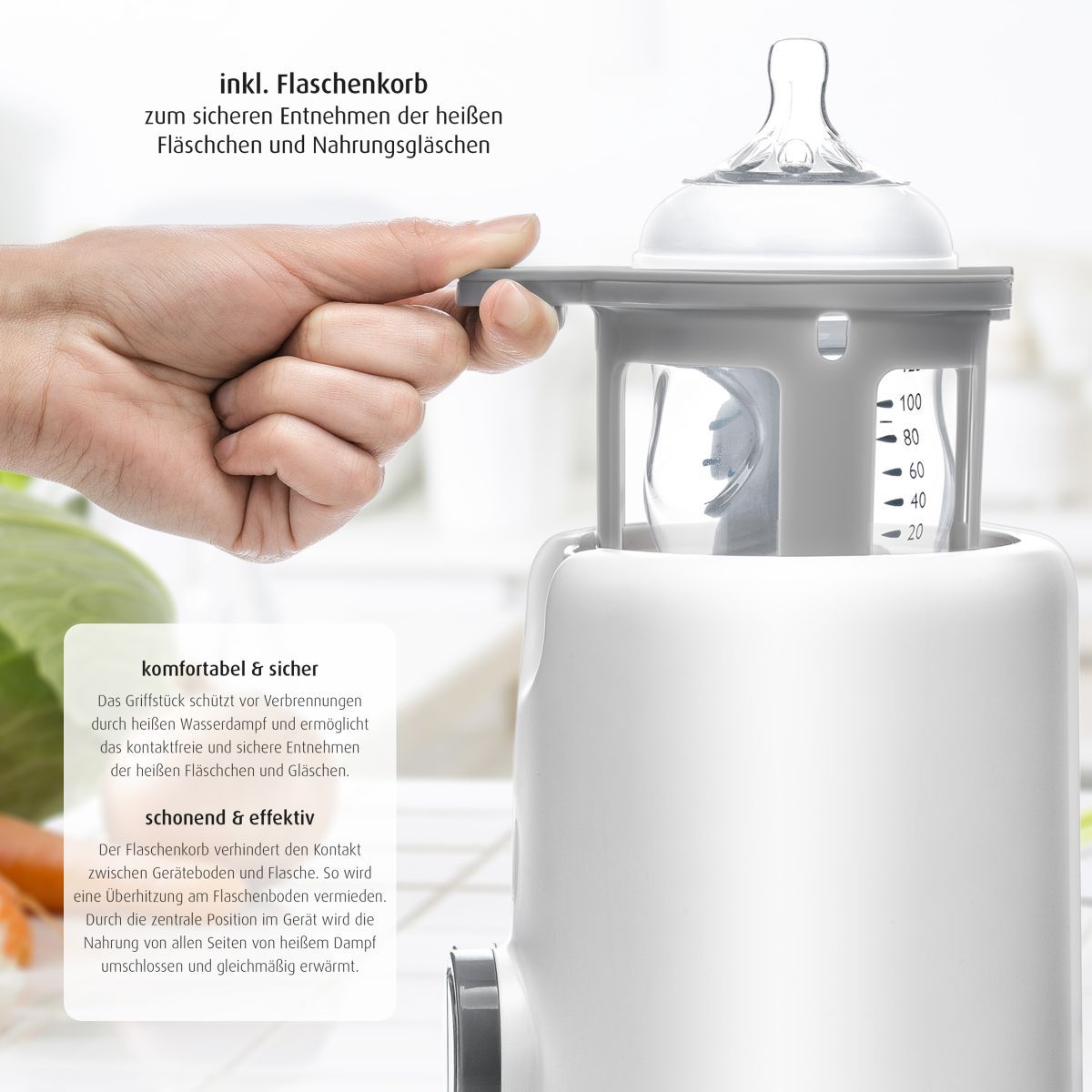 Nahaufnahme des Flaschenkorbs. Marke: reer. Der Korb schützt vor Verbrennungen und ermöglicht sichere Entnahme.