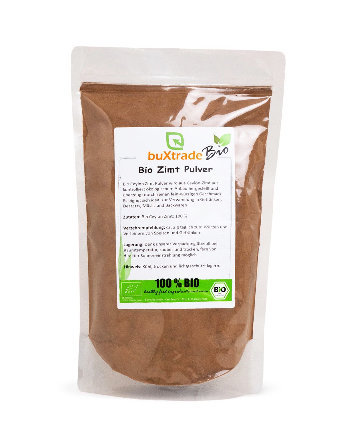 Ein Beutel mit Bio Ceylon Zimtpulver von buxtrade, mit Etikett und Bio-Siegel.