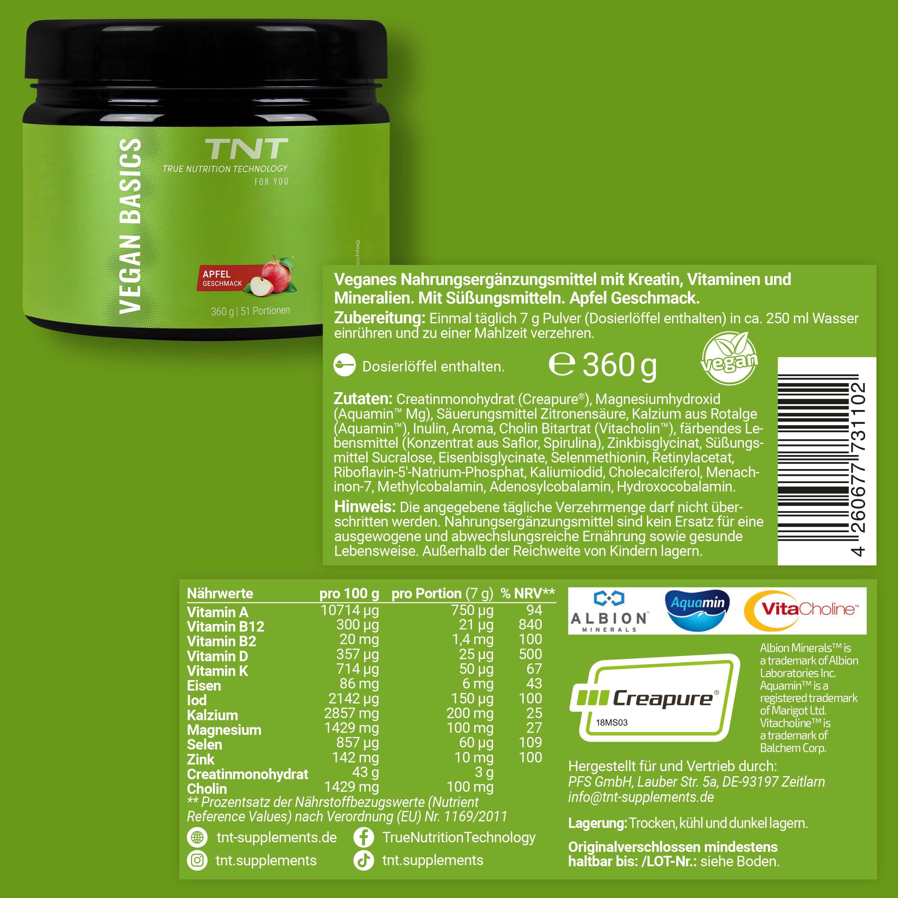 Dose TNT Vegan Basics, grüne Etiketten mit Inhaltsangaben, Nährwerttabelle, Zertifizierungen. Text: 360g, Apfel Geschmack.