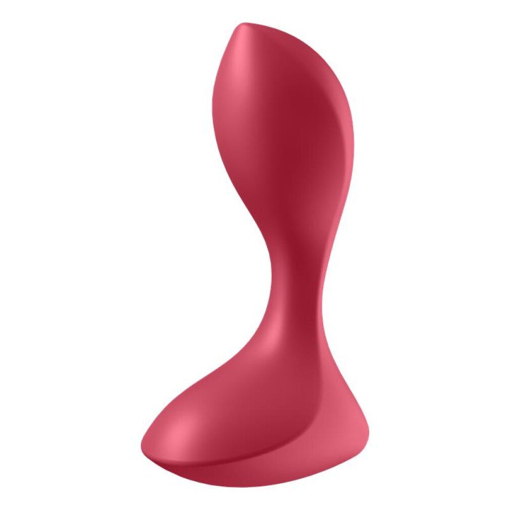 Roter Analvibrator in geschwungener Form, von der Seite mit Fokus auf die ergonomische Kurve.