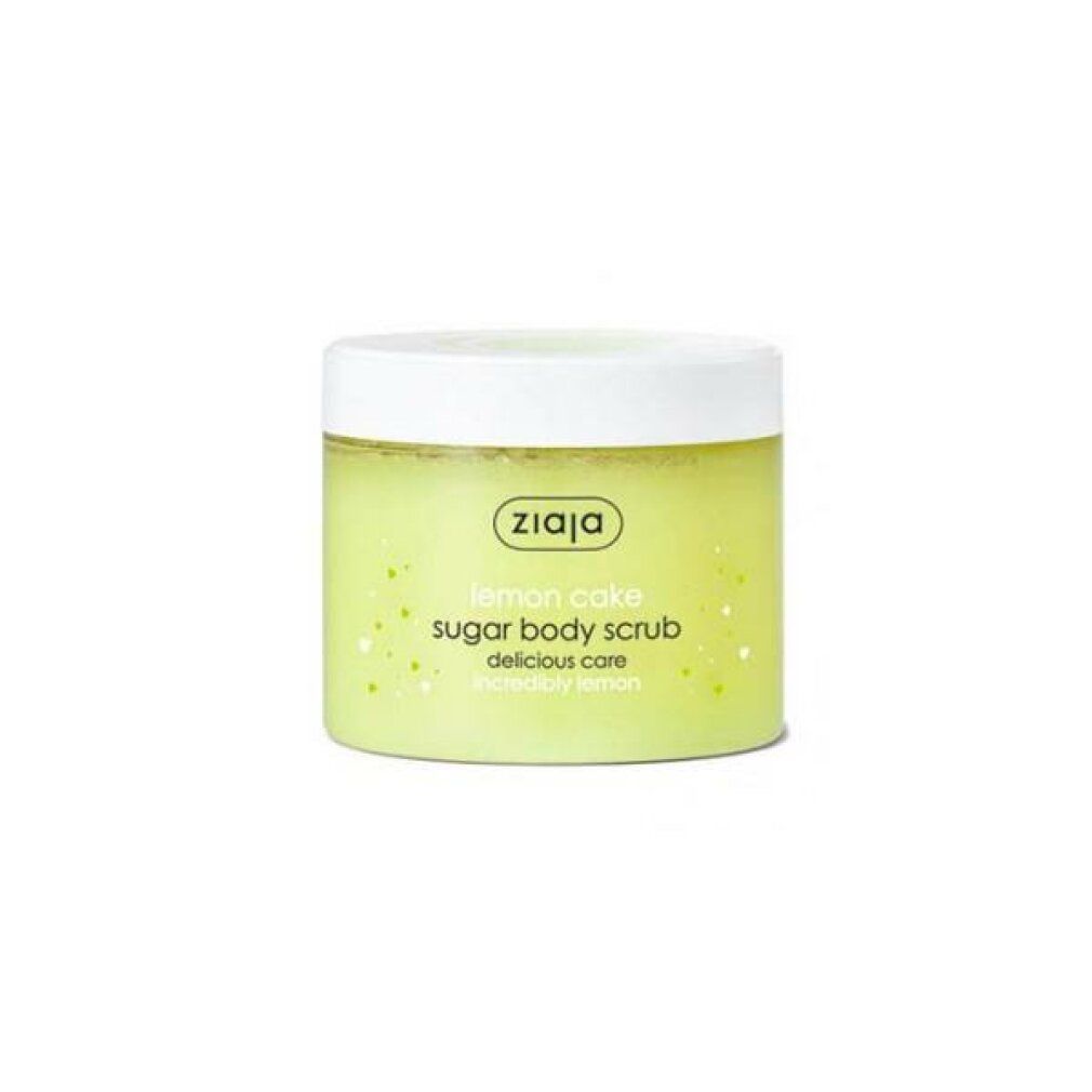 Ziaja Lemon Cake Zucker-Körperpeeling. Gelber Behälter mit weißem Deckel. Aufschrift: Sugar Body Scrub, delicious care, incredibly lemon.