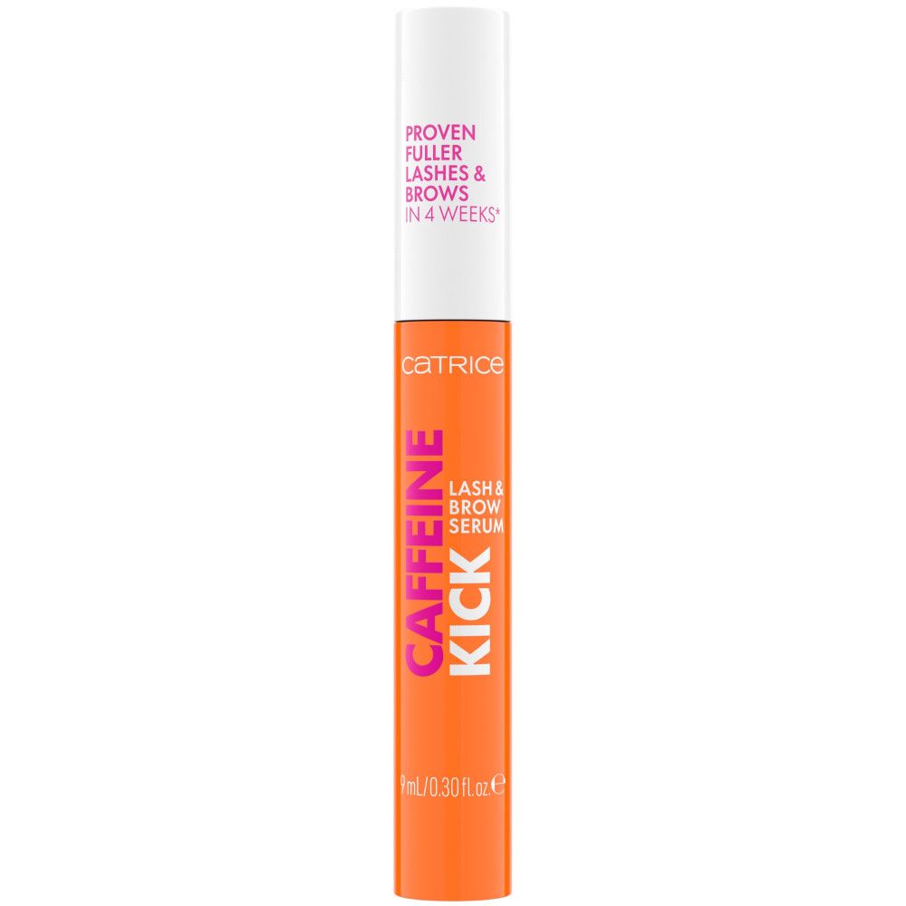 Orangefarbenes Serum mit weißem Deckel. Aufschrift: Caffeine Kick, Lash & Brow Serum. Enthält 9ml/0.30 fl.oz. Auf dem Deckel: Proven Fuller Lashes & Brows in 4 Weeks.