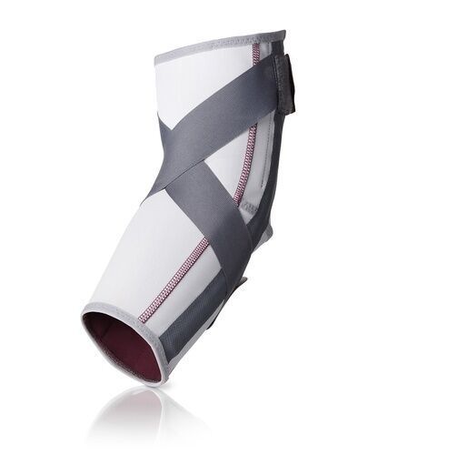 Grau-weiße Ellenbogenbandage. Klettverschluss und gekreuzte Riemen. Innen rot. Produktansicht.