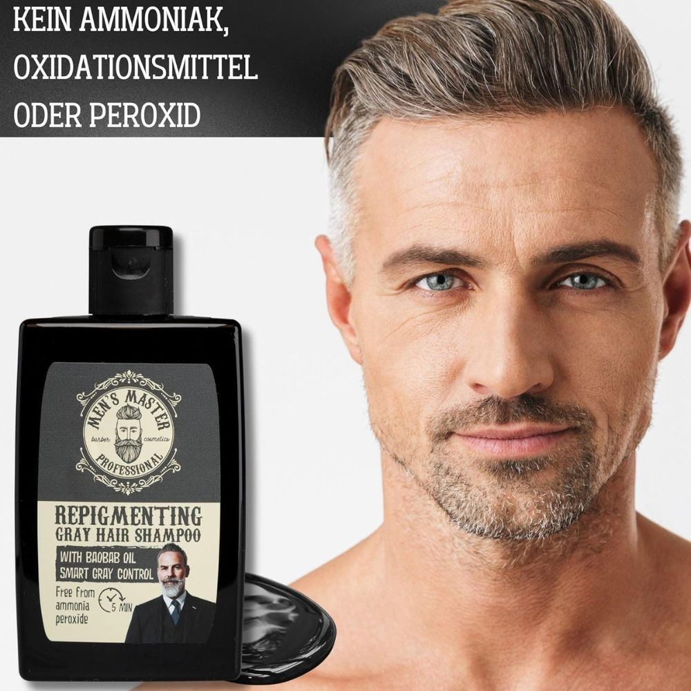 Mann mit grauem Haar und Produktflasche. Text: Kein Ammoniak, Oxidationsmittel oder Peroxid. Repigmenting Gray Hair Shampoo.