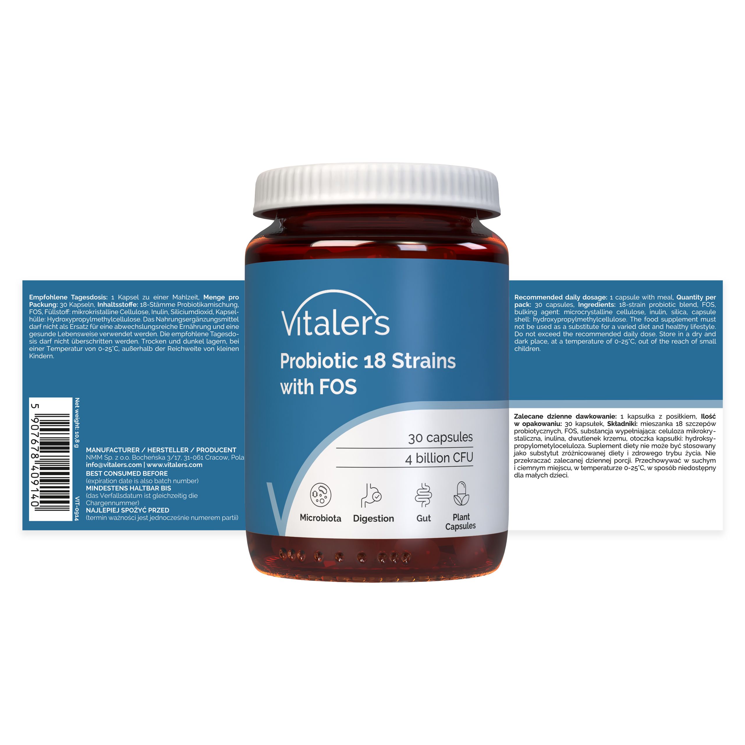 Vitaler’s Probiotikum 18 Stämme mit FOS: Flasche und geöffnete Kartonverpackung.