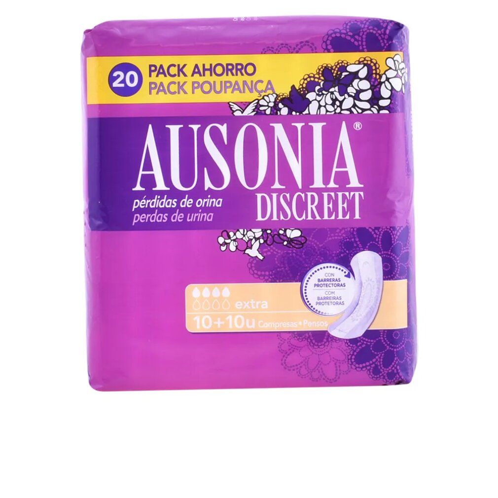 Packung Ausonia Discreet Extra Damenbinden. Lila Verpackung mit Produktabbildung und Schriftzug. 20 Stück.