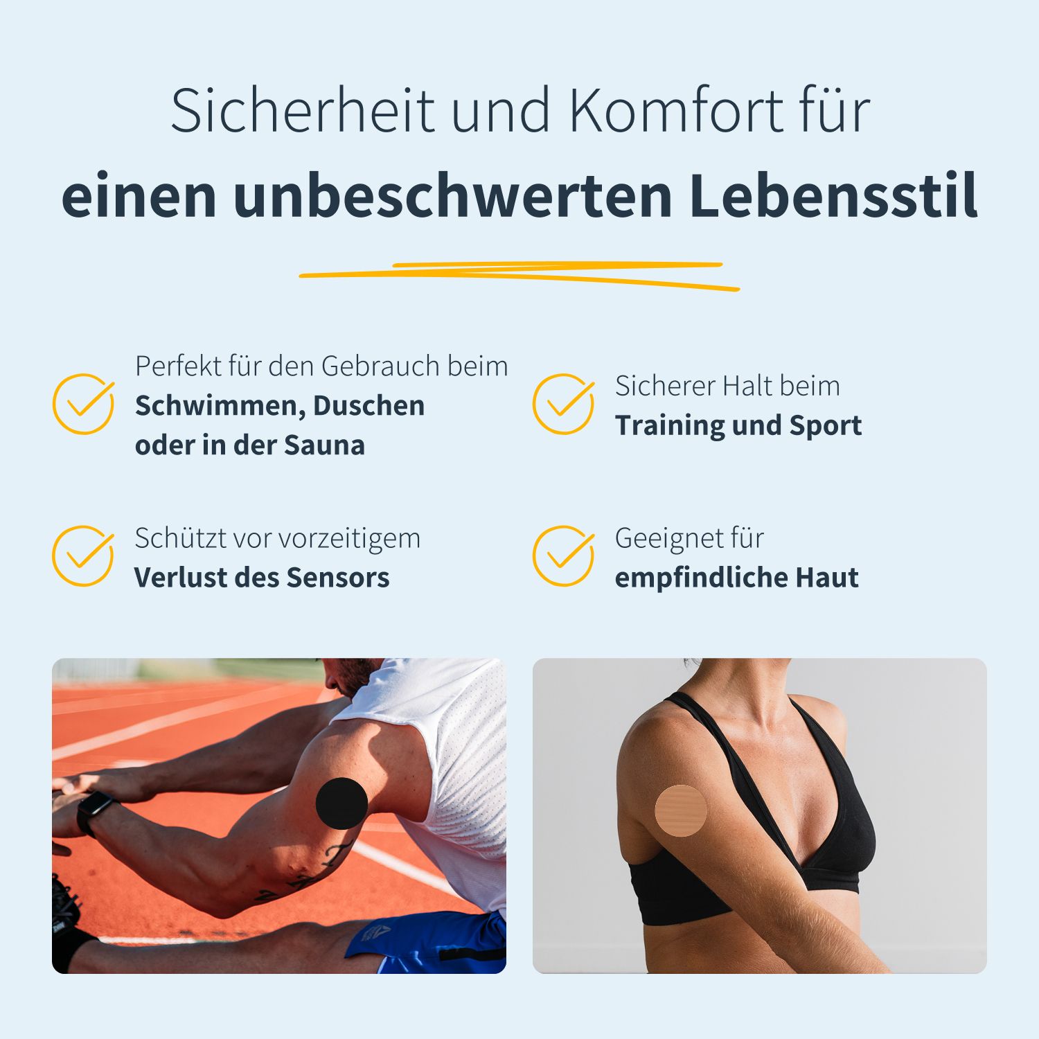 Illustrationen zeigen Anwendung des Pflasters. Geeignet für Schwimmen, Sport und empfindliche Haut. Schützt vor Sensorverlust.