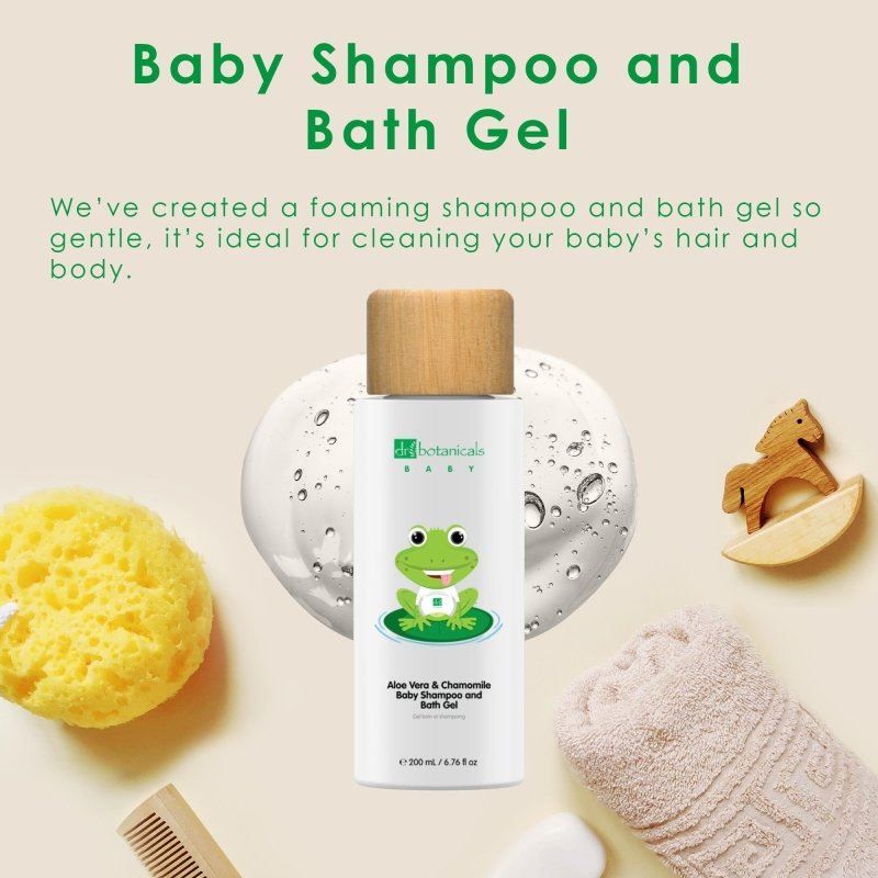 Dr. Botanicals Baby Shampoo und Duschgel mit Babyzubehör.