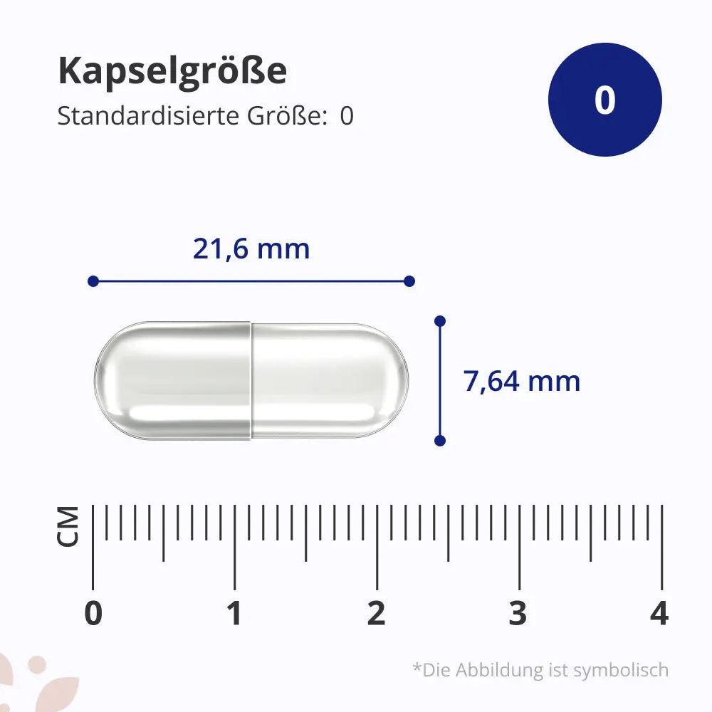 Kapsel mit Maßen: 21,6 mm lang, 7,64 mm breit. Standardisierte Größe: 0. Abbildung symbolisch.
