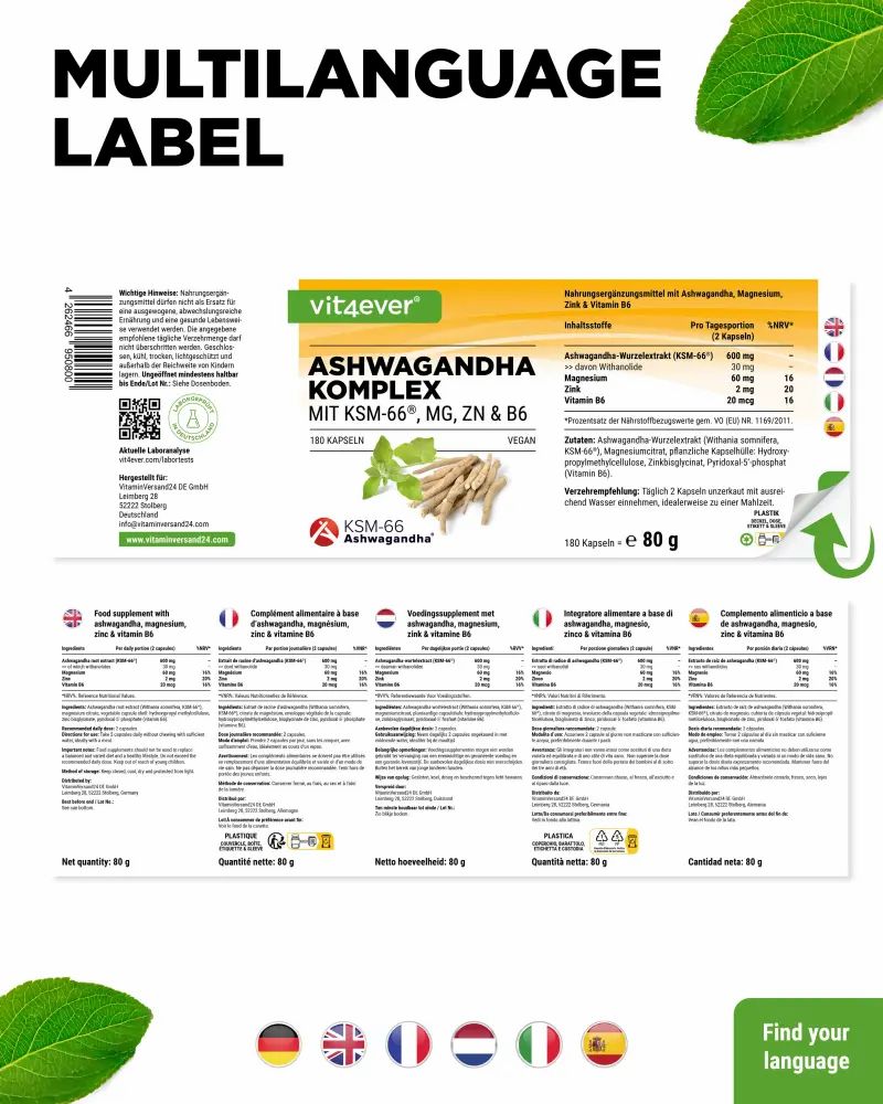 Produktetikett mit mehrsprachigen Informationen. Aufschrift: Ashwagandha Komplex mit KSM-66, MG, ZN & B6. 180 Kapseln. 80 g.