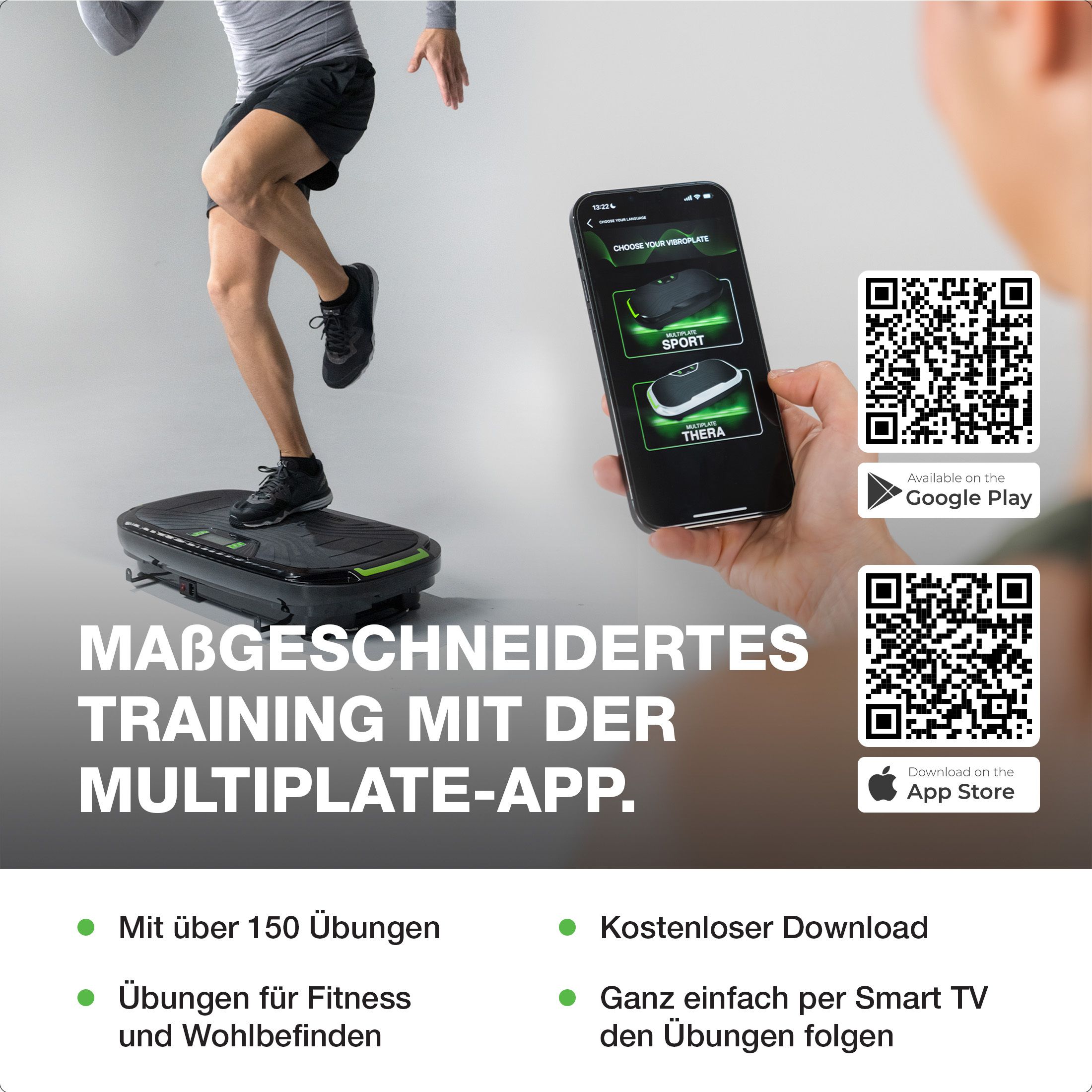 Mann trainiert auf einer Vibrationsplatte. Smartphone zeigt App. Text: "MAßGESCHNEIDERTES TRAINING MIT DER MULTIPLATE-APP".