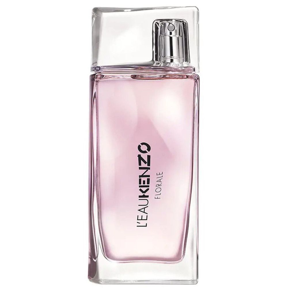 L'Eau Kenzo Pour Femme Florale Eau de Toilette in einem rechteckigen Glasflakon mit silbernem Sprühkopf.