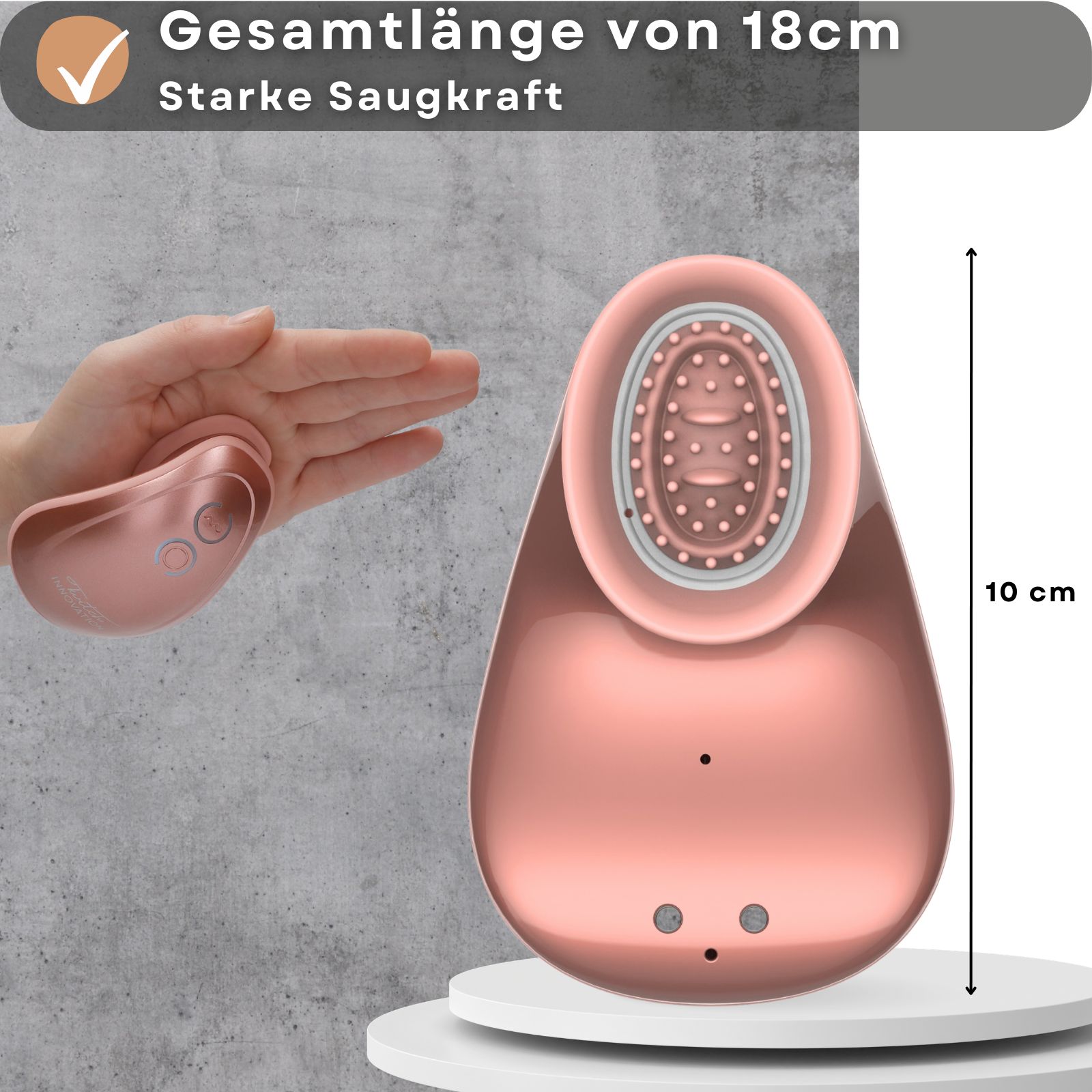 Rosa Sauger-Vibrator und Hand. Text: Gesamtlänge von 18cm, Starke Saugkraft. Längenangabe: 10 cm.