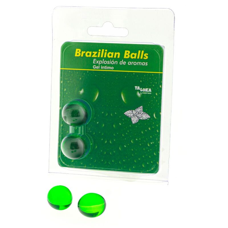 Zwei grüne, kugelförmige Produkte in Blisterverpackung. Auf der Verpackung steht "Brazilian Balls" und "Taloka".