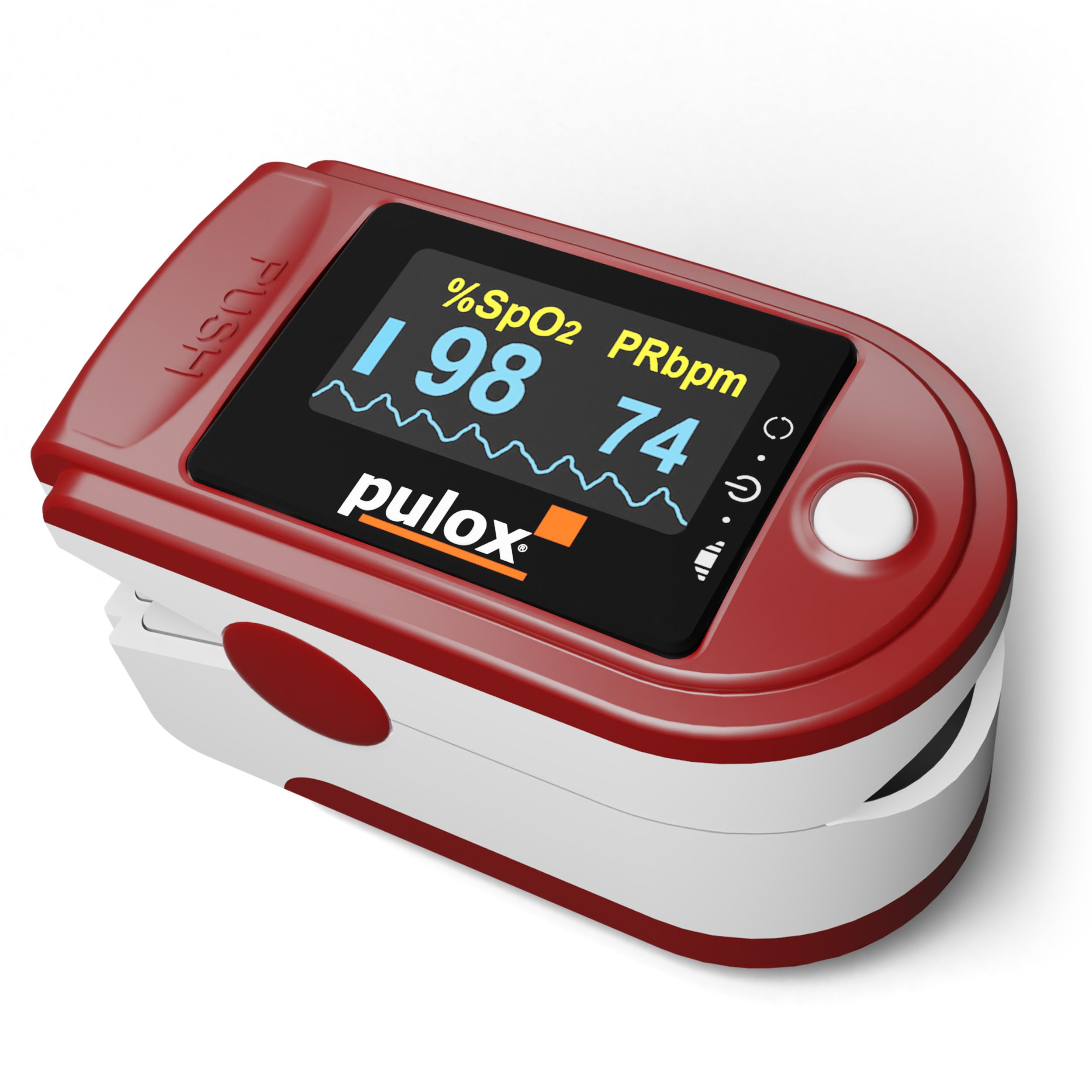 Finger-Pulsoximeter, rot-weiß. Digitalanzeige mit %SpO2 und PRbpm-Werten. Marke pulox.