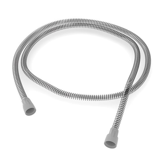 Flexibler, spiralförmiger Schlauch mit grauen Endstücken.