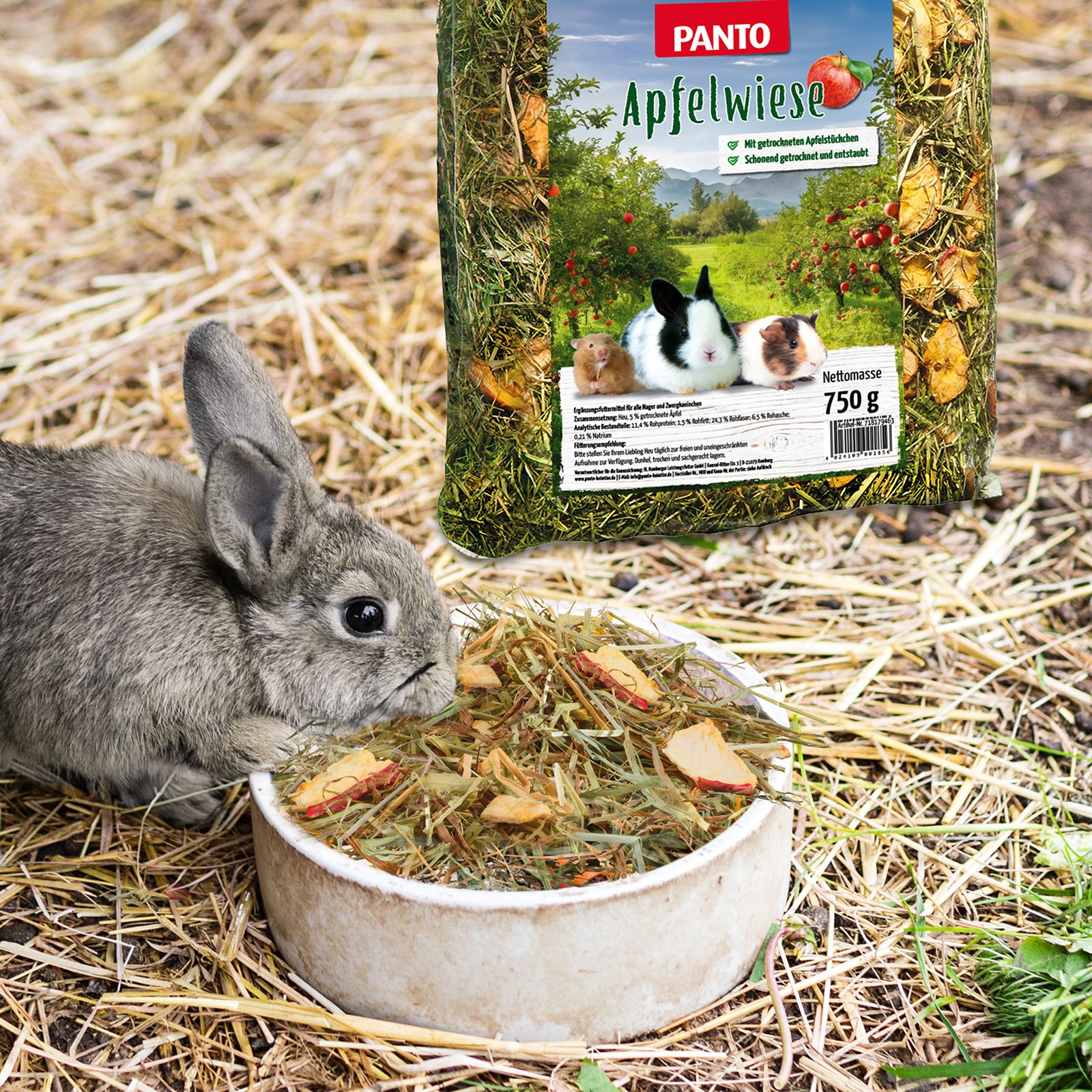 Kaninchen frisst aus Schale mit PANTO Apfelwiese. Packung im Hintergrund. Heu mit Apfelstücken. 750g Nettomasse.