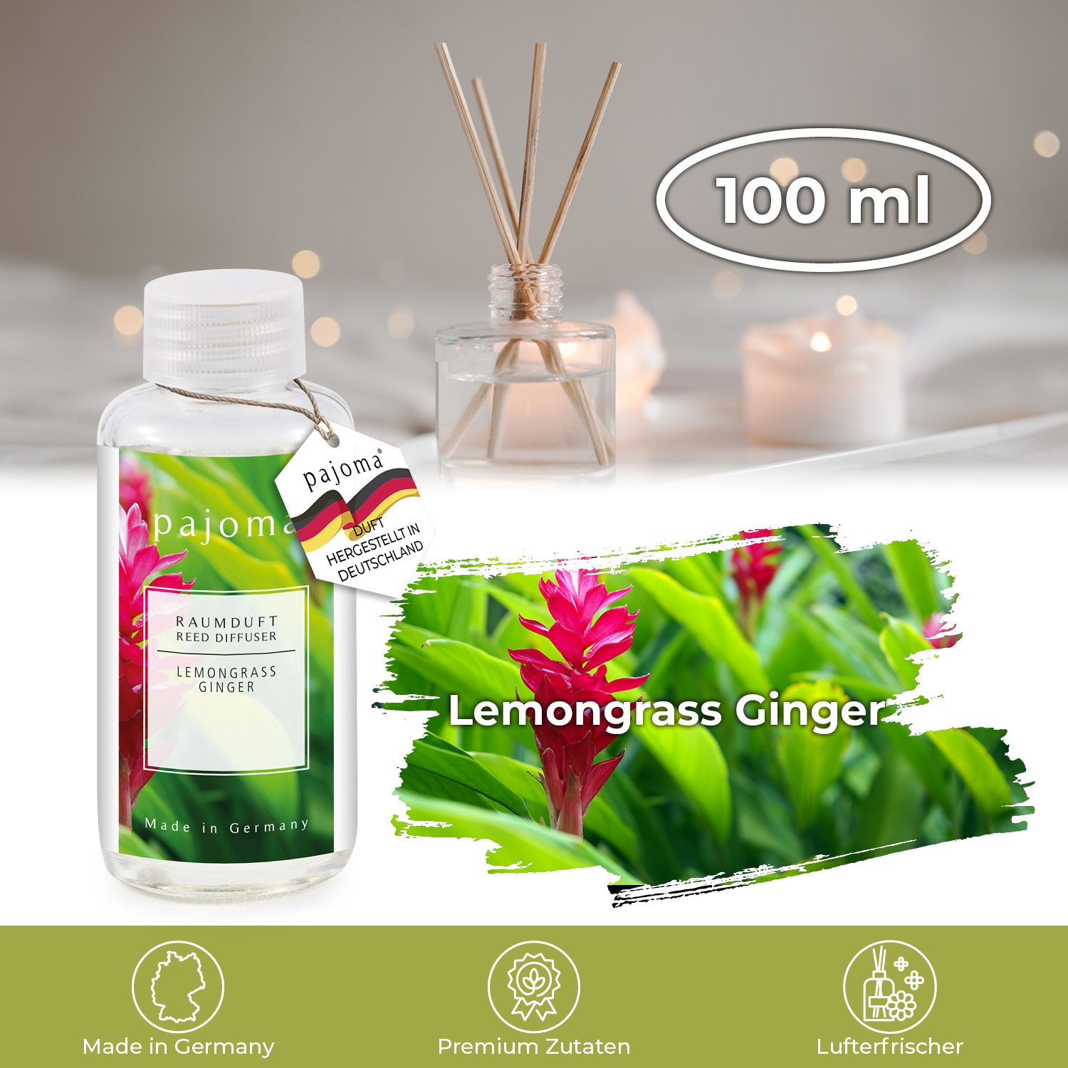 Nachfüllflasche mit Etikett, Lemongras-Ginger. Mit Duftstäbchen im Hintergrund. Hergestellt in Deutschland.