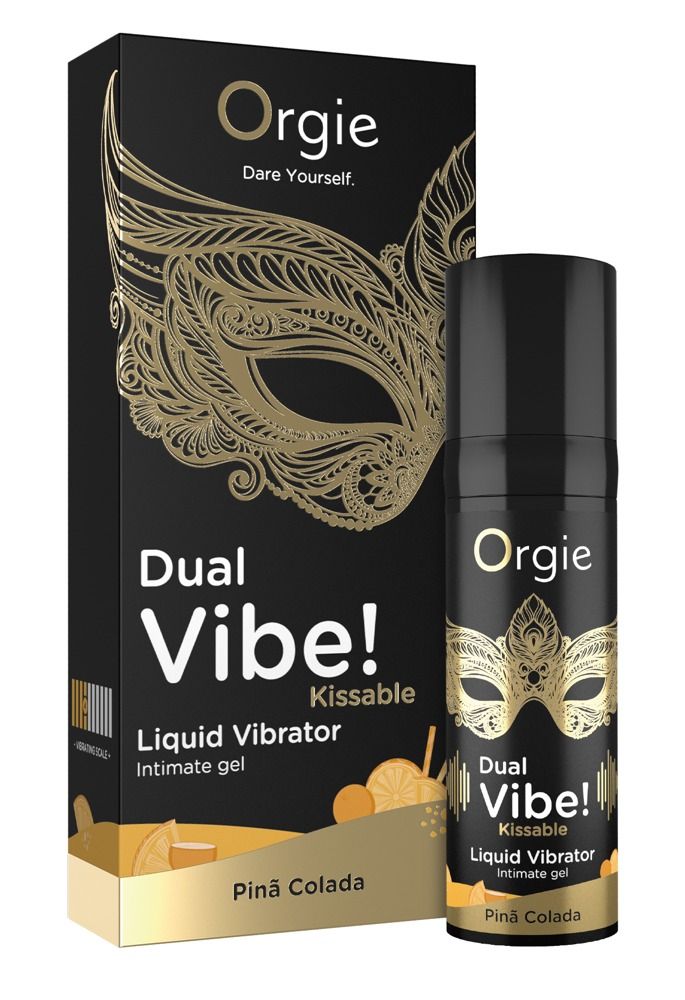 Schwarze Verpackung mit goldener Maske und Flasche. Enthält 'Dual Vibe! Kissable Liquid Vibrator' und 'Pinã Colada'.