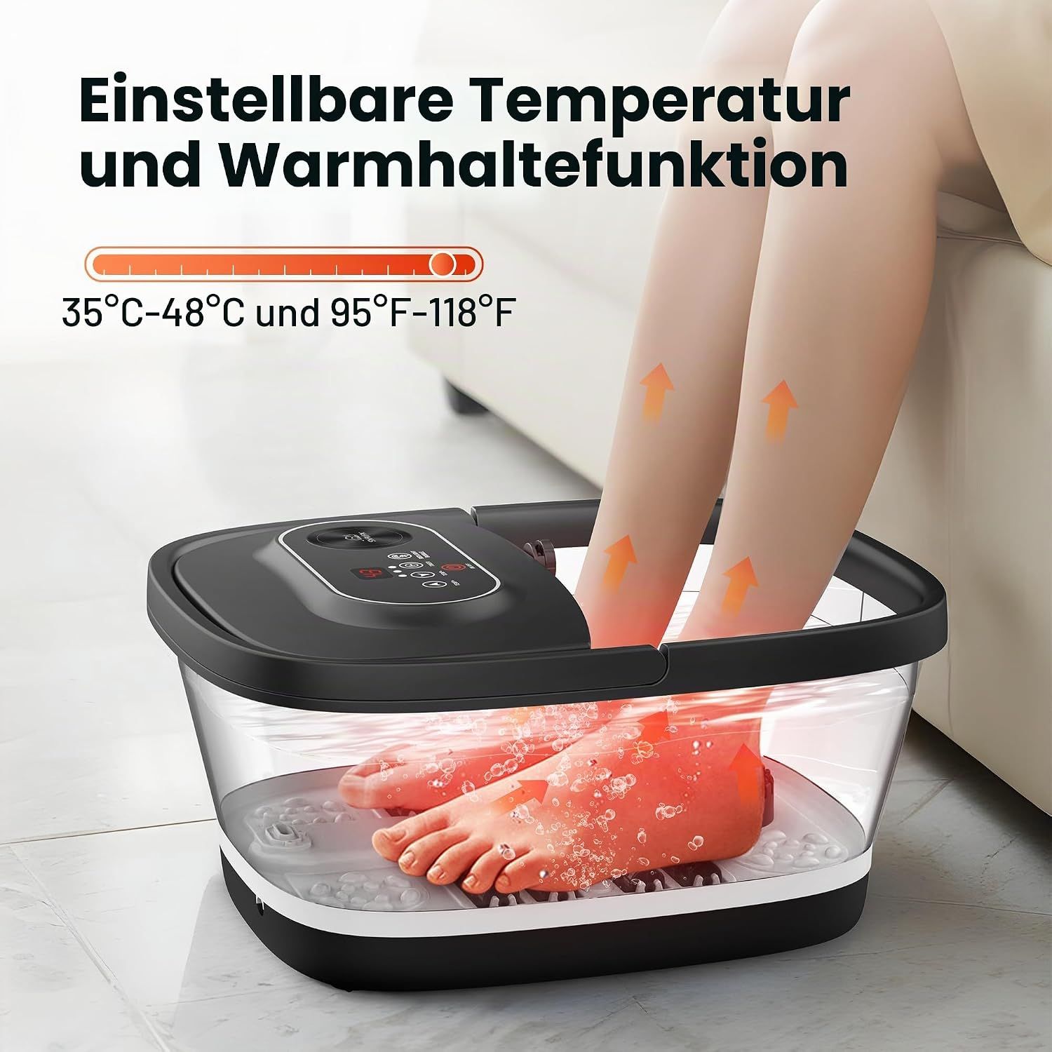 Fußbadewanne mit einstellbarer Temperatur von 35-48°C und 95-118°F, mit Sprudel- und Massagefunktion.