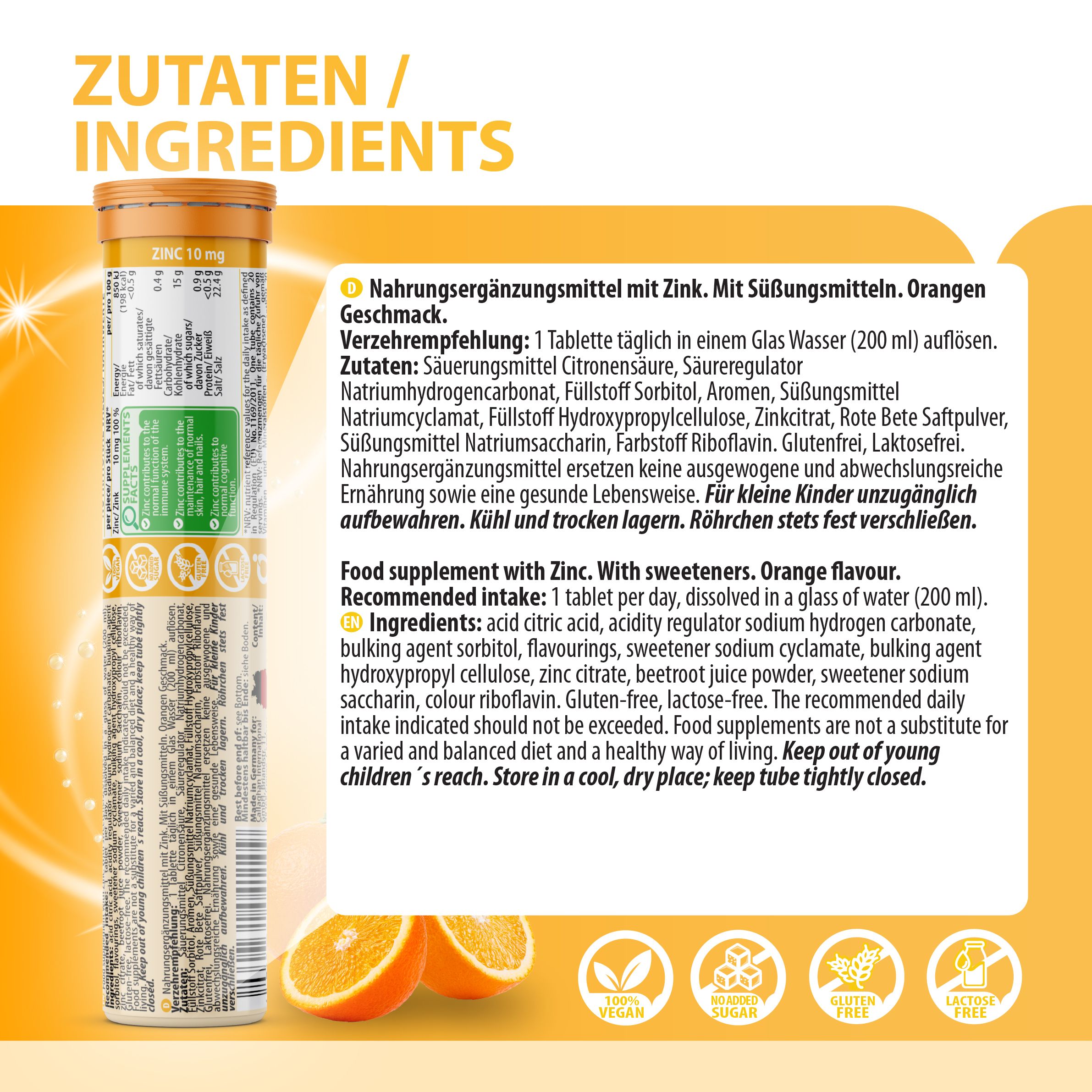 Zutatenliste und Verzehrempfehlung für EVÄM Zink. Mit Süßungsmitteln. Orange Geschmack. Vegan-Symbole.
