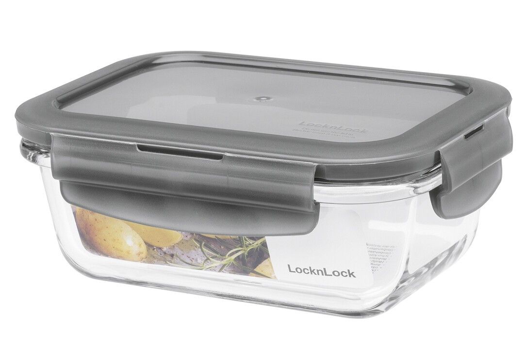 Rechteckige Frischhaltedose aus Glas mit grauem Deckel und Verschlüssen. Lock & Lock Logo sichtbar.