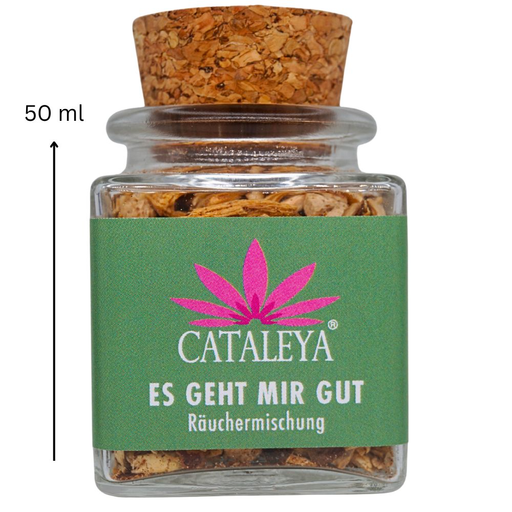 Glasflasche mit Korken. Grünes Etikett mit Logo und Schriftzug: CATALEYA ES GEHT MIR GUT Räuchermischung. 50 ml-Markierung.