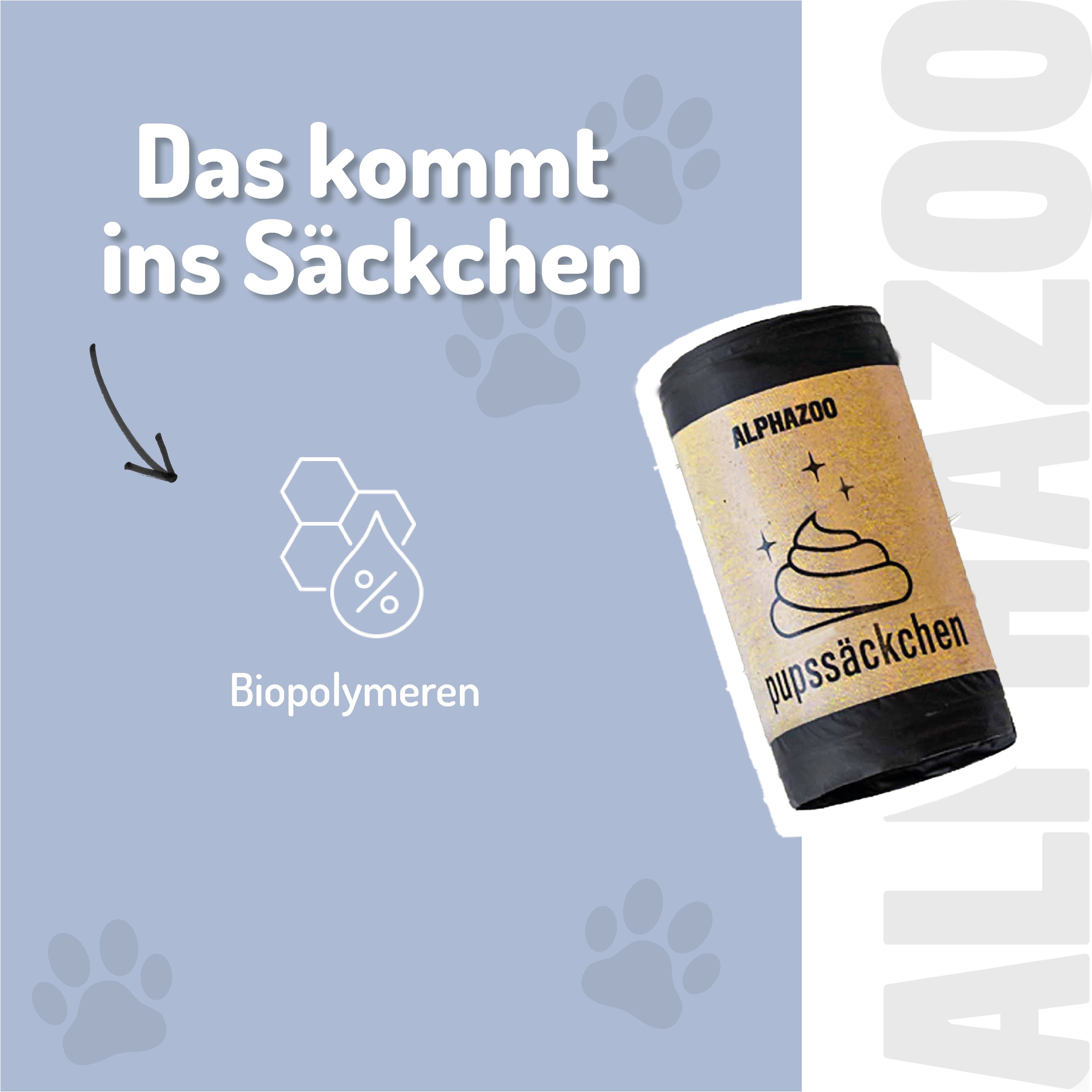 Rolle schwarzer Kotbeutel mit Aufdruck 'ALPHAZOO pupssäckchen'. Aufschrift: Biopolymeren. Logo: Haufen mit Sternen. Hintergrund: hellblau mit Pfotenabdrücken.