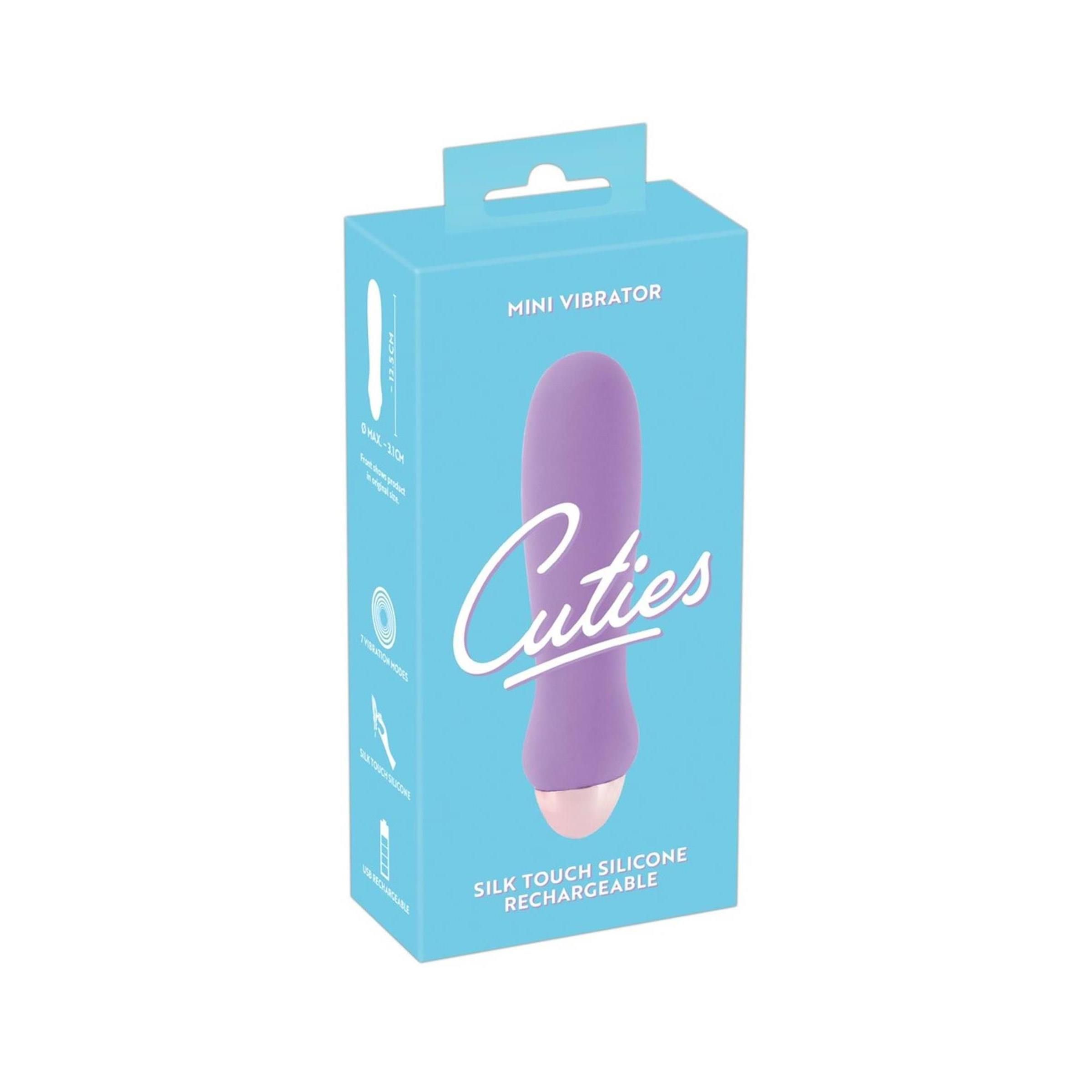 Verpackung mit lila Vibrator. Aufschrift: Cuties, Mini Vibrator, Silk Touch Silicone, Rechargeable.